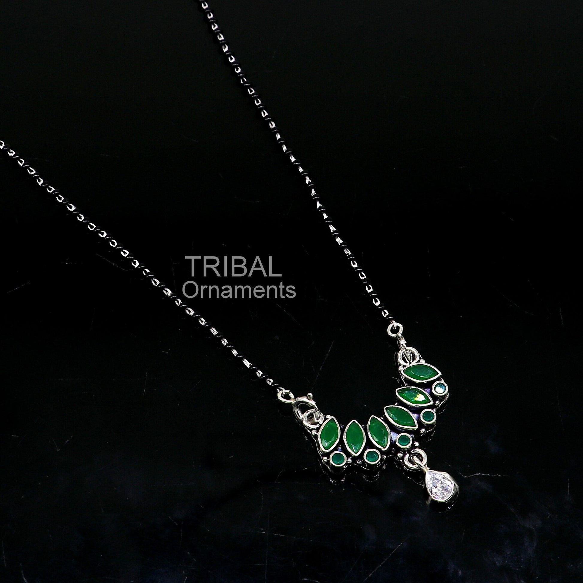 925 sterling silver black beads mangal sutra chain necklace for daily use brides Mangalsutra chunky necklace green cut stone pendant ms26 - TRIBAL ORNAMENTS