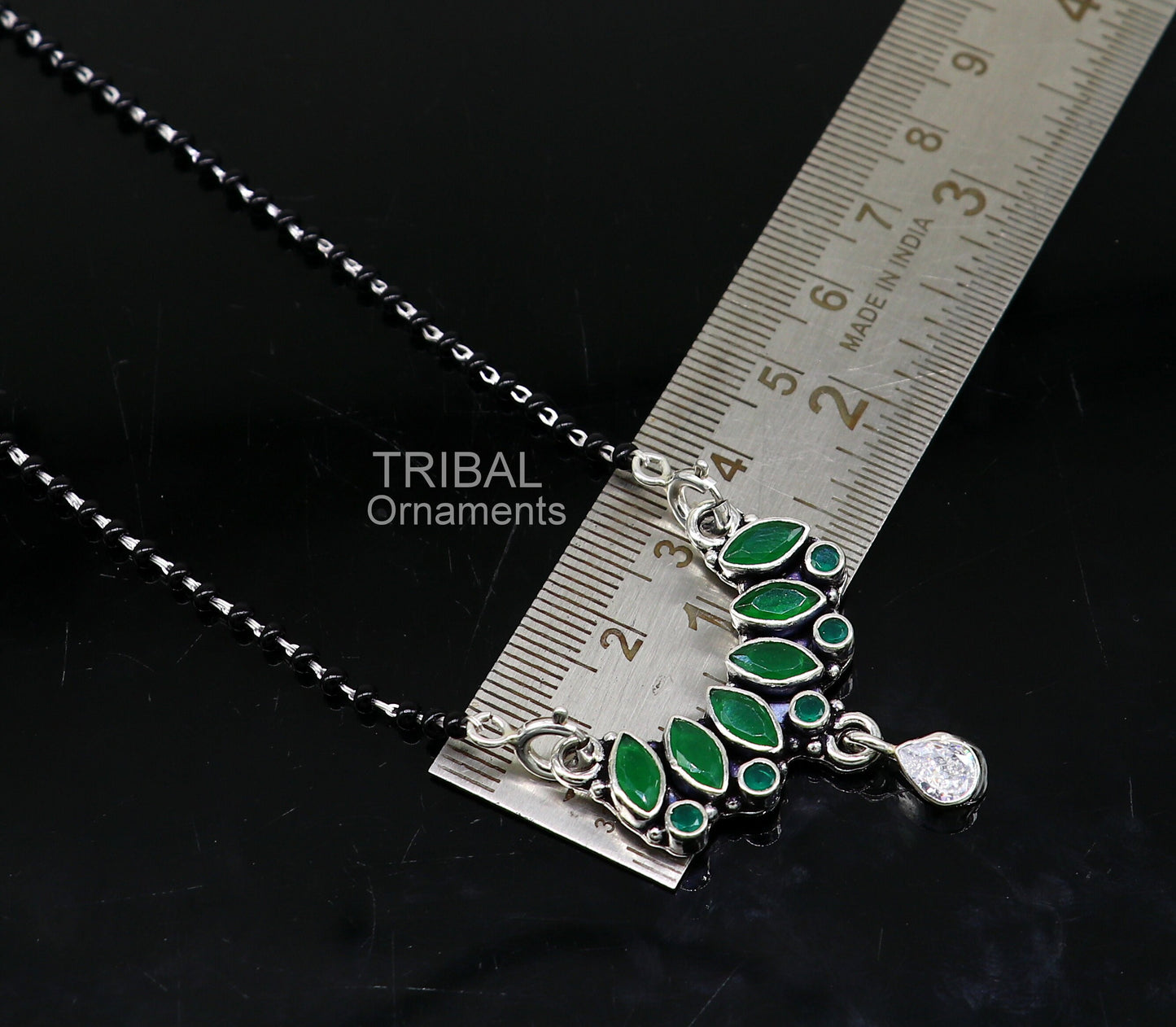 925 sterling silver black beads mangal sutra chain necklace for daily use brides Mangalsutra chunky necklace green cut stone pendant ms26 - TRIBAL ORNAMENTS
