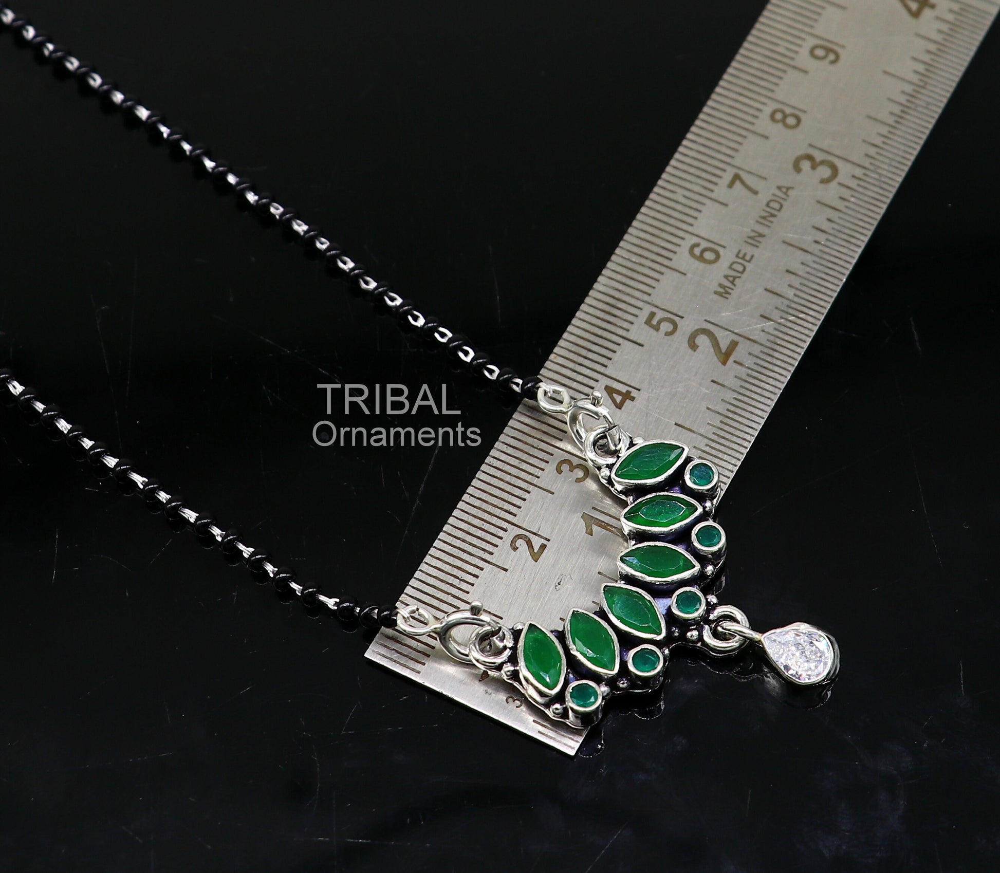 925 sterling silver black beads mangal sutra chain necklace for daily use brides Mangalsutra chunky necklace green cut stone pendant ms26 - TRIBAL ORNAMENTS