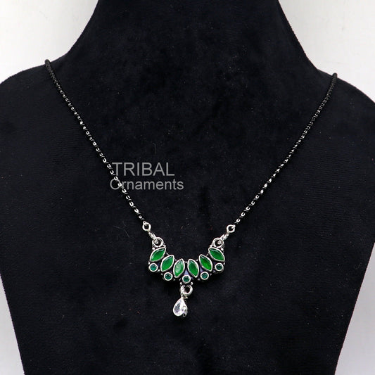 925 sterling silver black beads mangal sutra chain necklace for daily use brides Mangalsutra chunky necklace green cut stone pendant ms26 - TRIBAL ORNAMENTS