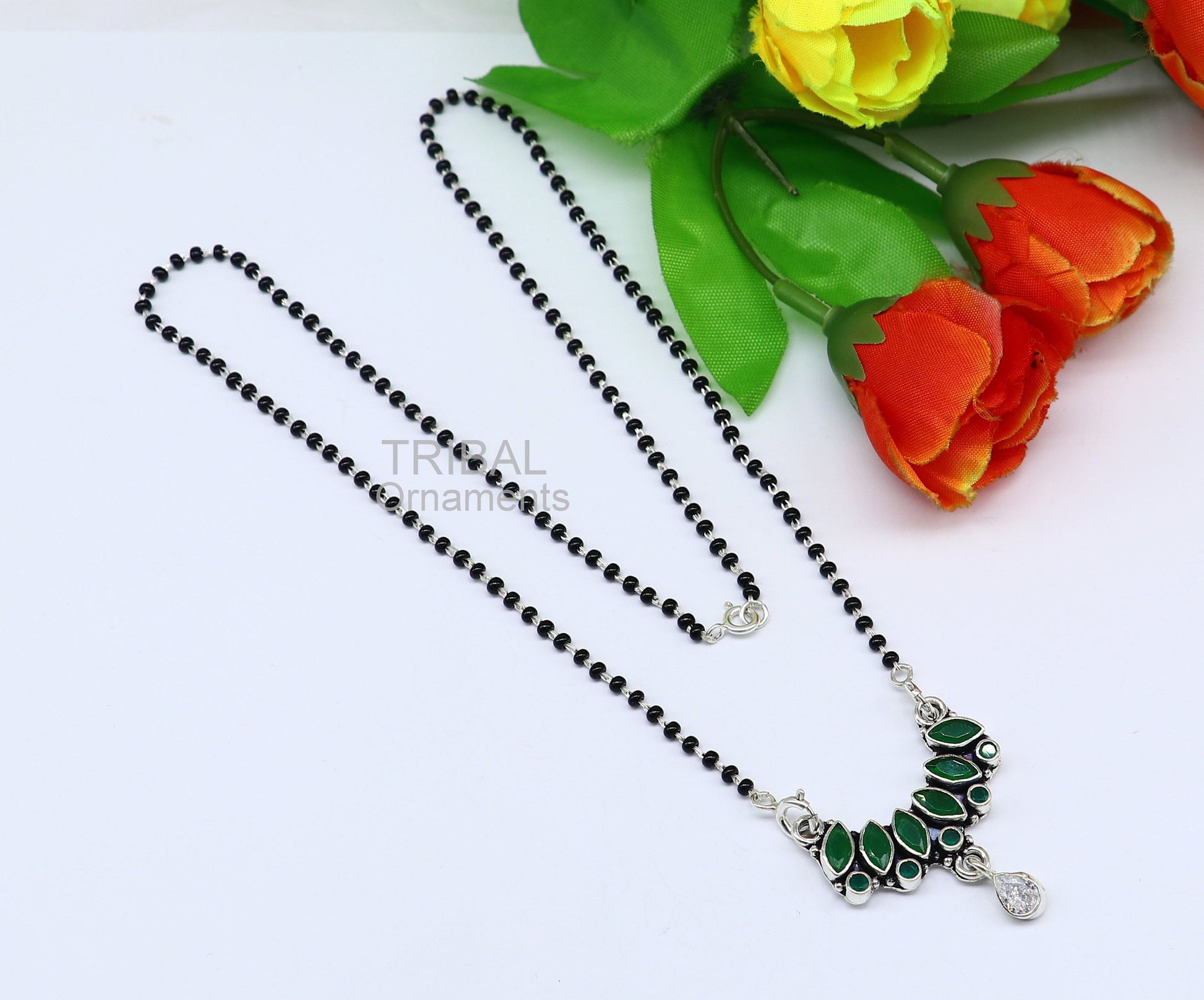 925 sterling silver black beads mangal sutra chain necklace for daily use brides Mangalsutra chunky necklace green cut stone pendant ms26 - TRIBAL ORNAMENTS