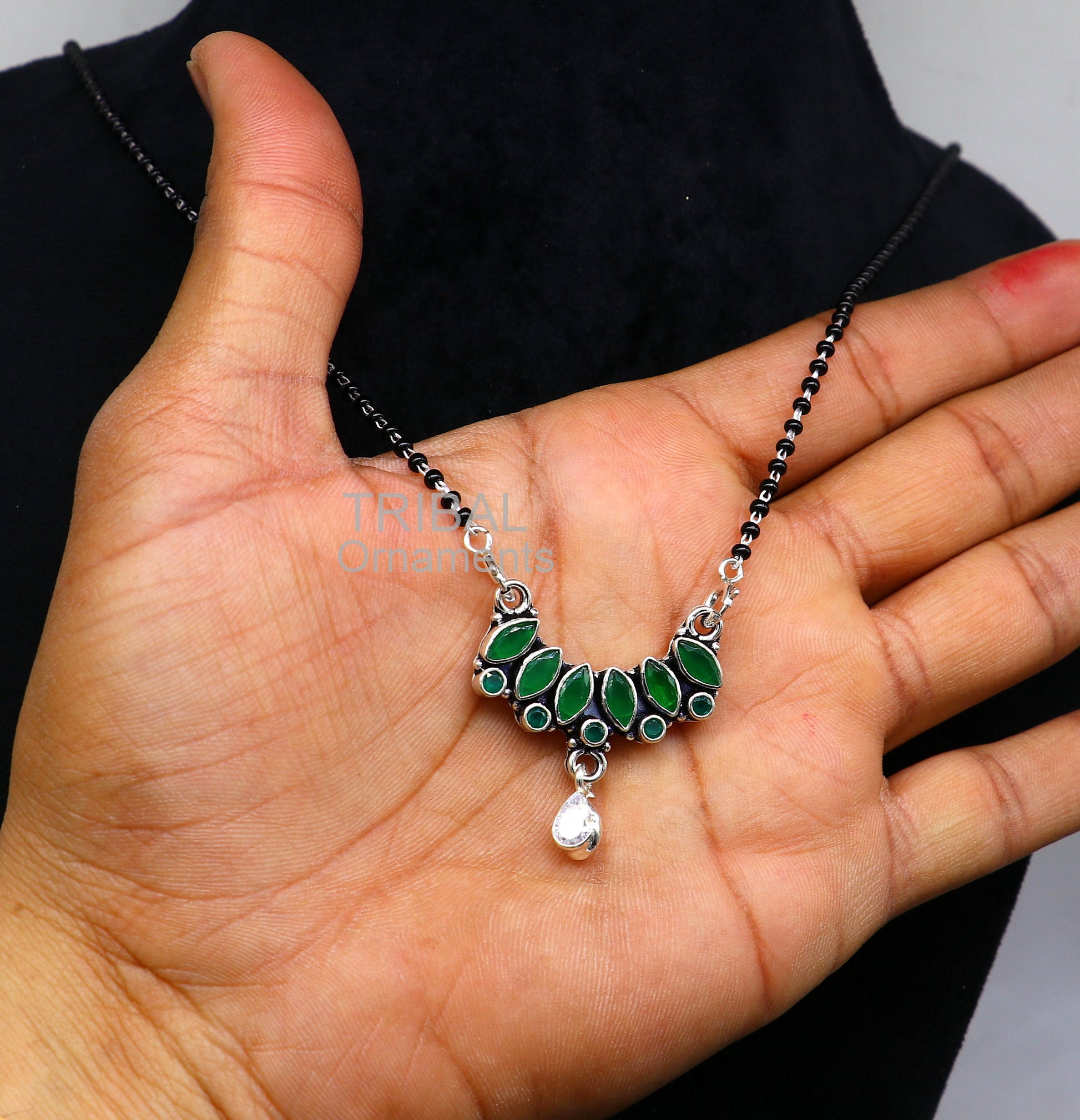 925 sterling silver black beads mangal sutra chain necklace for daily use brides Mangalsutra chunky necklace green cut stone pendant ms26 - TRIBAL ORNAMENTS