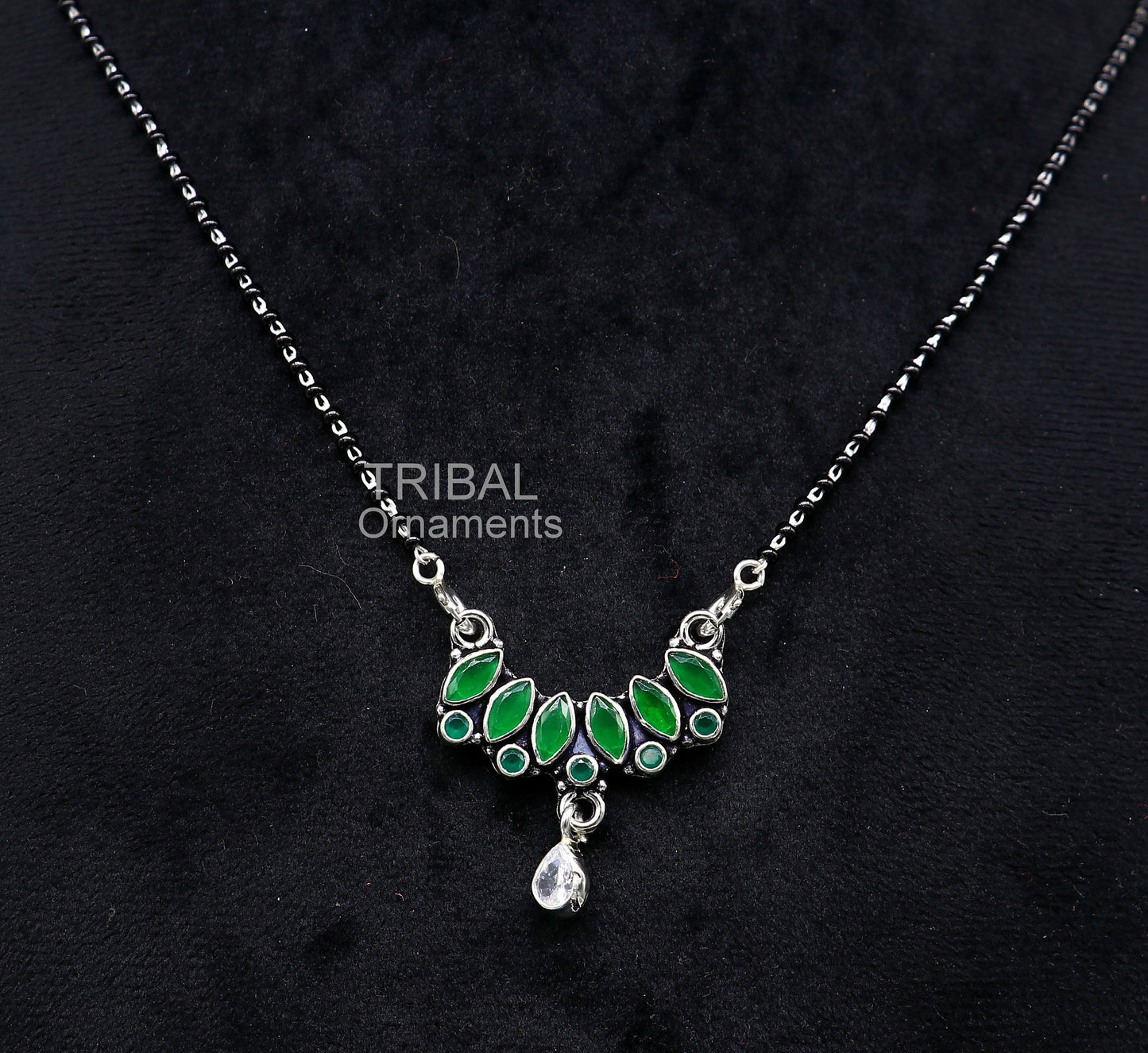 925 sterling silver black beads mangal sutra chain necklace for daily use brides Mangalsutra chunky necklace green cut stone pendant ms26 - TRIBAL ORNAMENTS