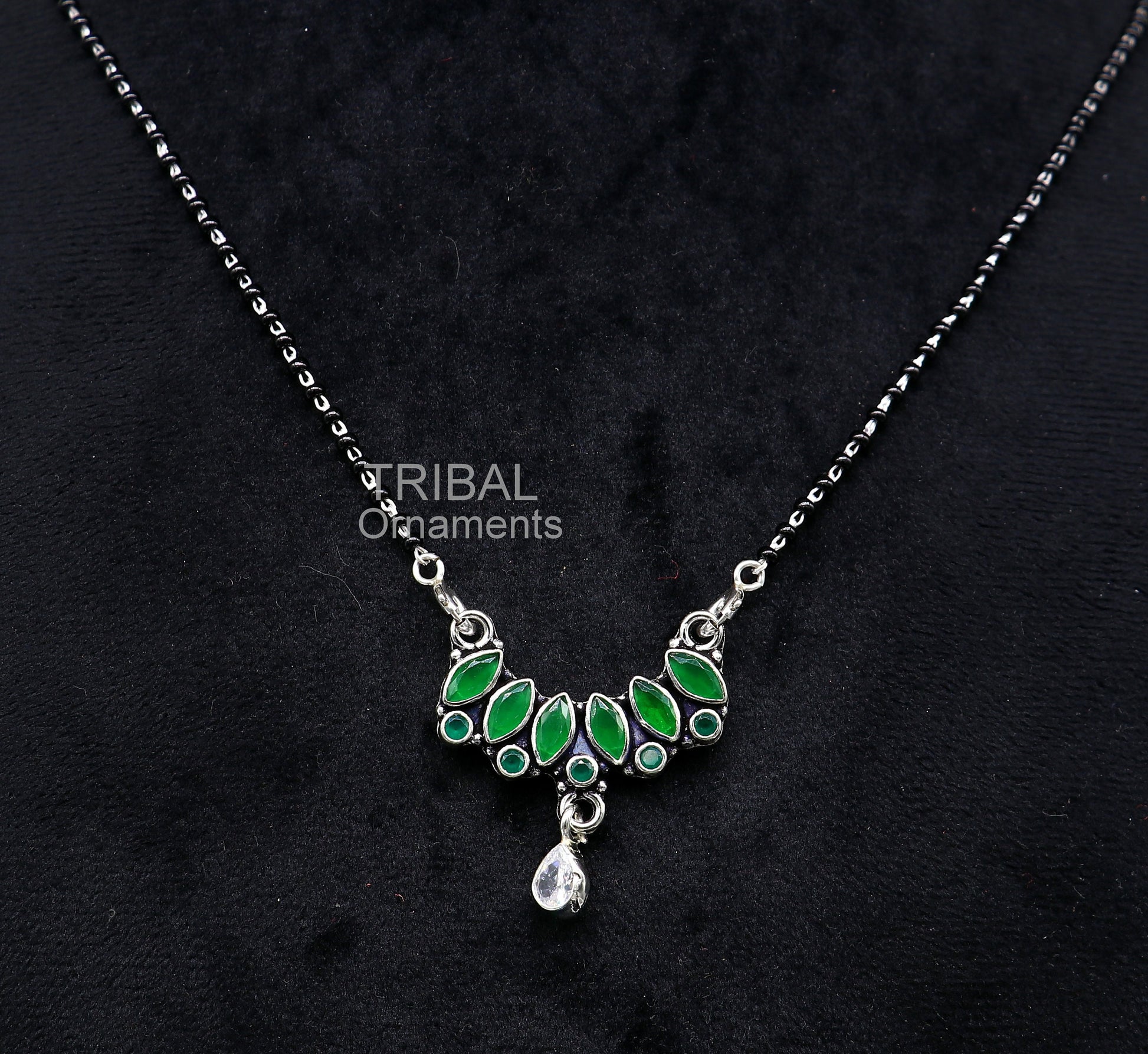 925 sterling silver black beads mangal sutra chain necklace for daily use brides Mangalsutra chunky necklace green cut stone pendant ms26 - TRIBAL ORNAMENTS