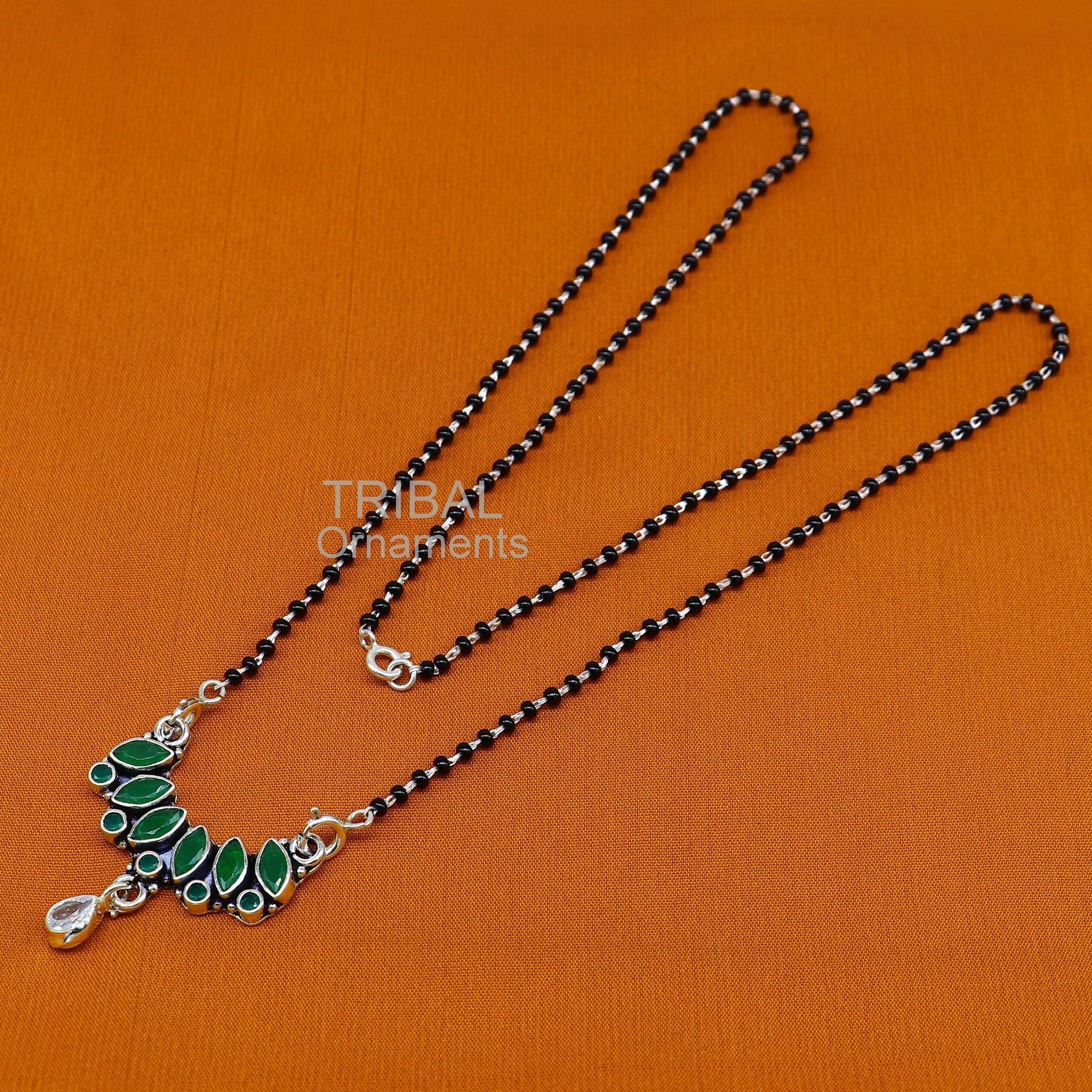 925 sterling silver black beads mangal sutra chain necklace for daily use brides Mangalsutra chunky necklace green cut stone pendant ms26 - TRIBAL ORNAMENTS