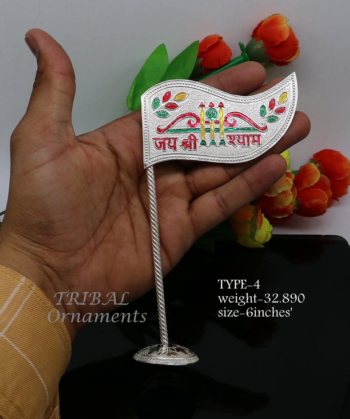 925 sterling silver handmade lork Khatu Shyam Dhwaja or flag, silver "jai shree shyam" flag best way for gifting to idols or kriahna su1018 - TRIBAL ORNAMENTS
