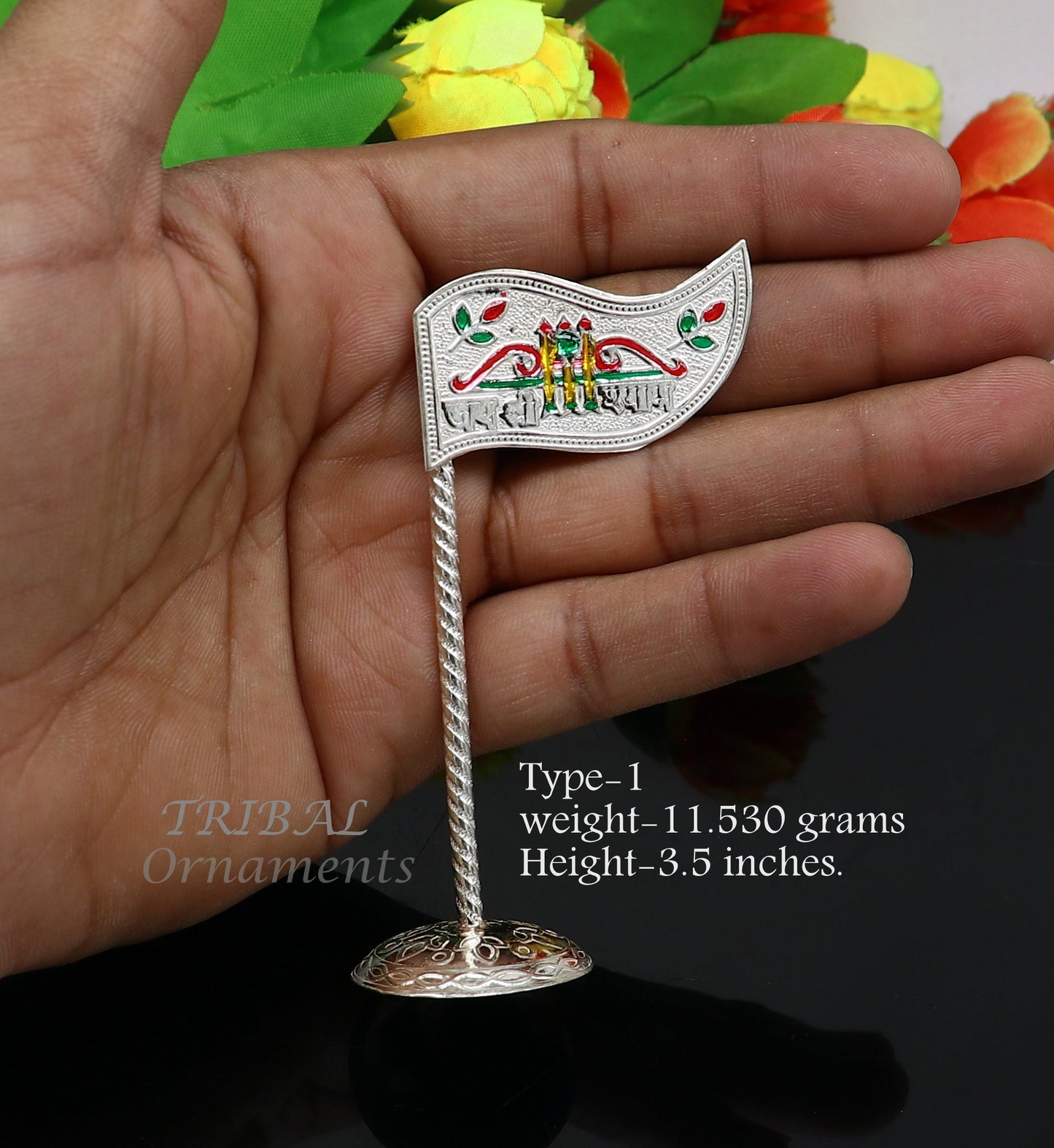925 sterling silver handmade lork Khatu Shyam Dhwaja or flag, silver "jai shree shyam" flag best way for gifting to idols or kriahna su1018 - TRIBAL ORNAMENTS
