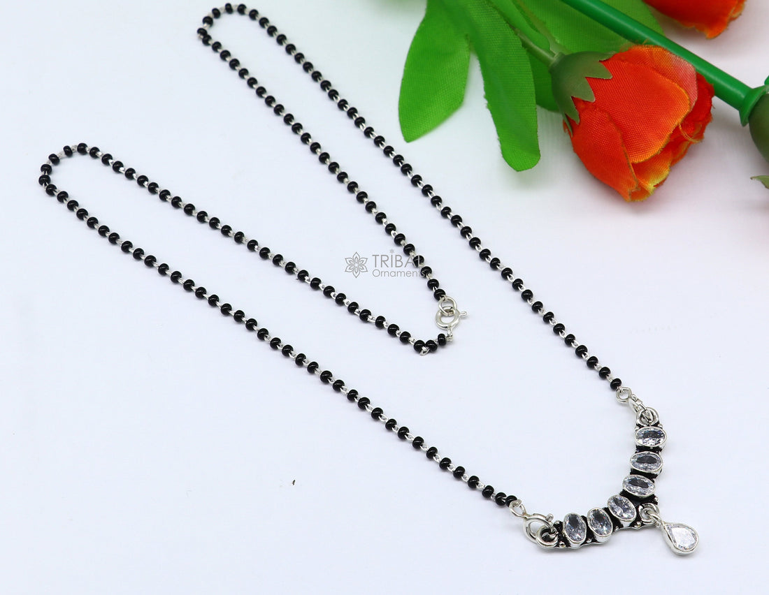 925 sterling silver black beads mangalsutra chain necklace gorgeous Waved design cut stone pendant, traditional style brides necklace ms37 - TRIBAL ORNAMENTS