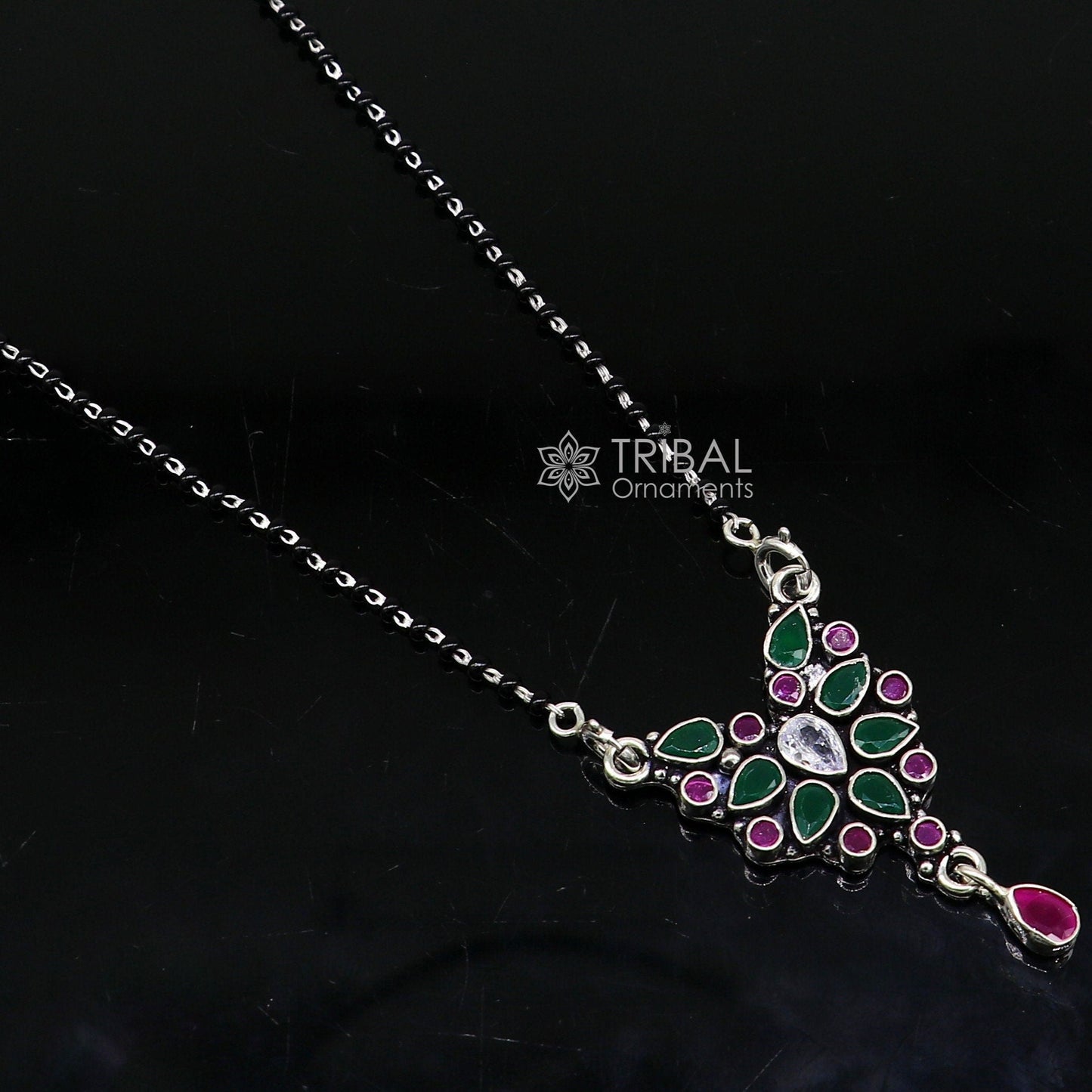 925 sterling silver handmade delicate black beaded chain and fabulous cut stone pendant, amazing brides mangalsutra necklace from india ms45 - TRIBAL ORNAMENTS