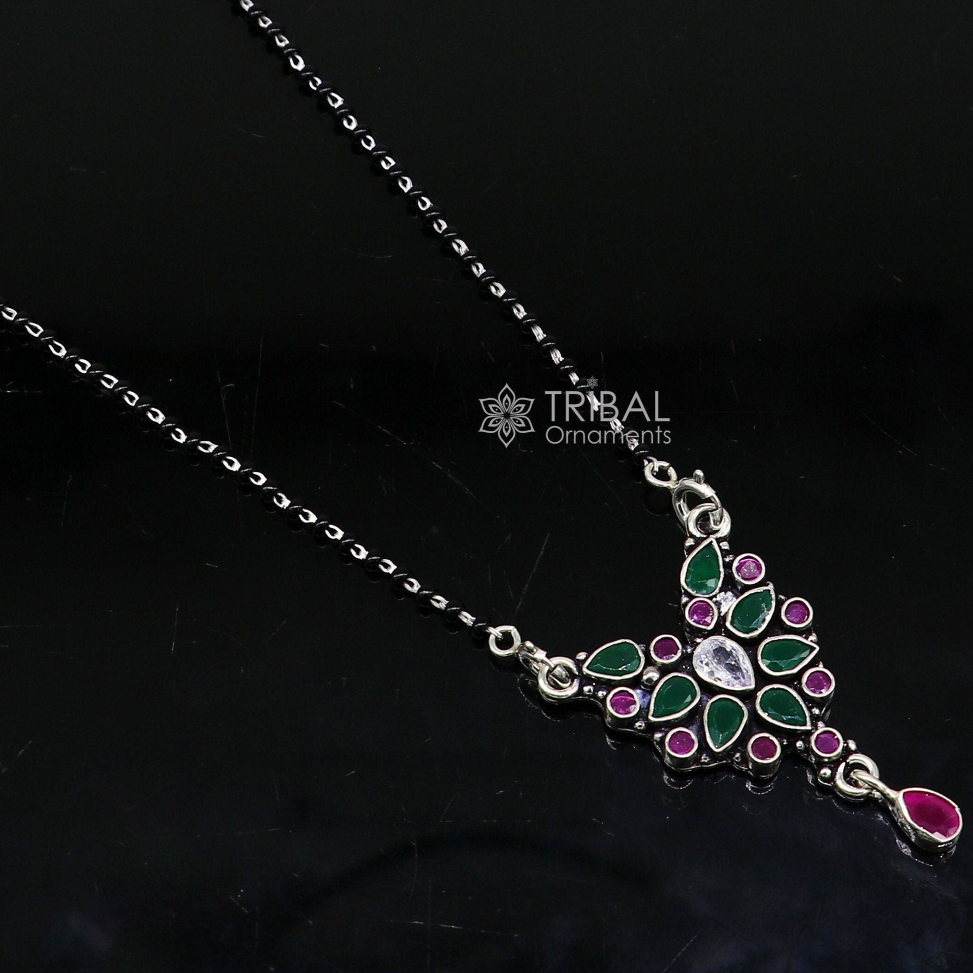 925 sterling silver handmade delicate black beaded chain and fabulous cut stone pendant, amazing brides mangalsutra necklace from india ms45 - TRIBAL ORNAMENTS