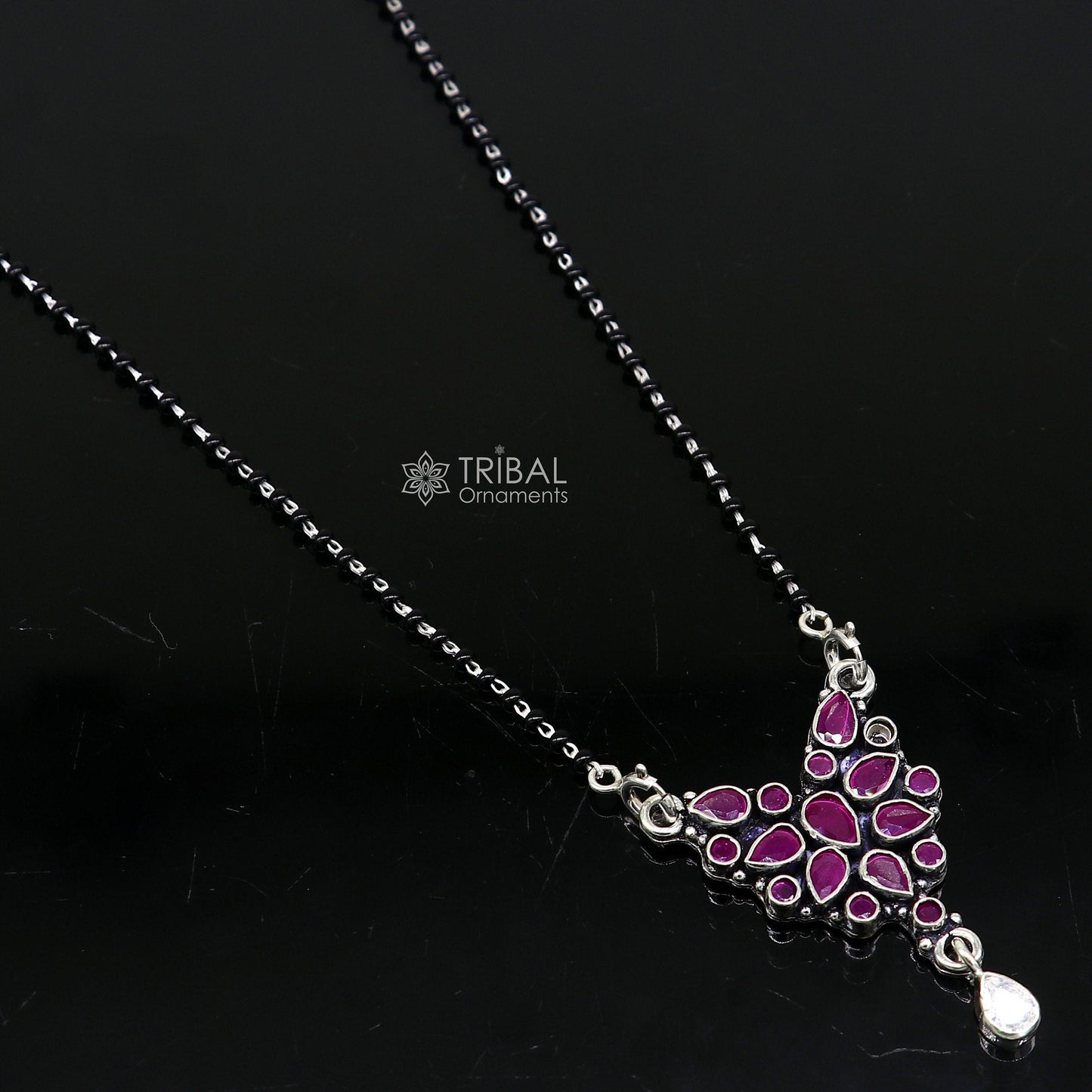 925 sterling silver handmade delicate black beaded chain and fabulous cut stone pendant, amazing brides mangalsutra necklace from india ms46 - TRIBAL ORNAMENTS