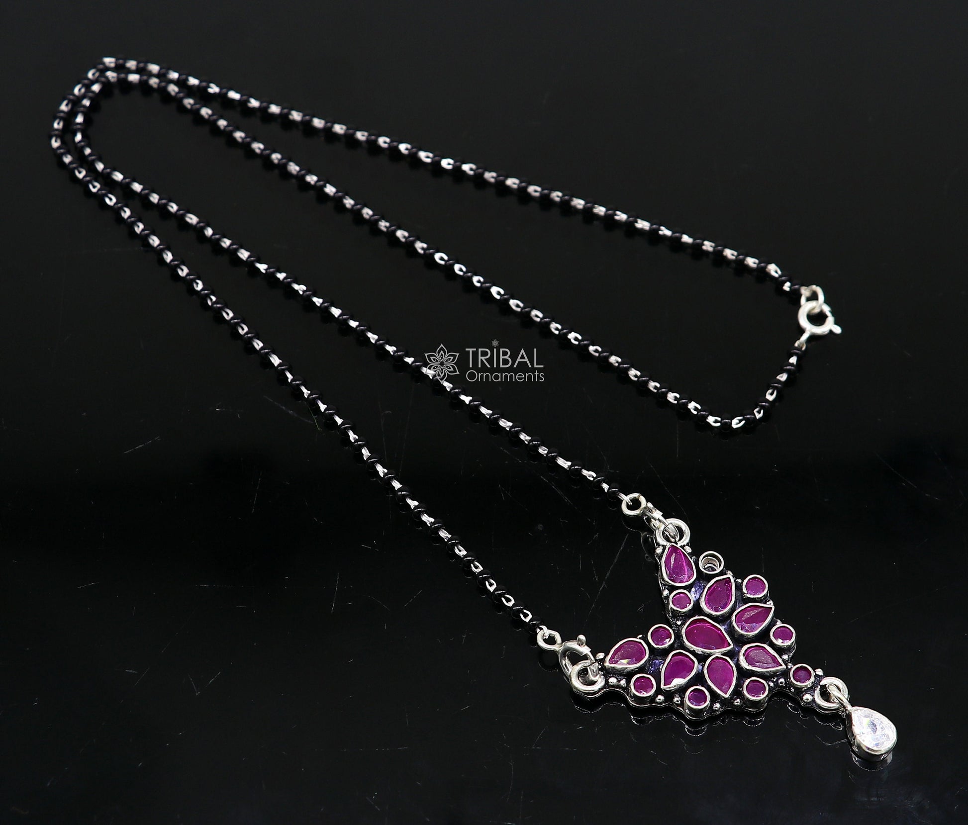925 sterling silver handmade delicate black beaded chain and fabulous cut stone pendant, amazing brides mangalsutra necklace from india ms46 - TRIBAL ORNAMENTS