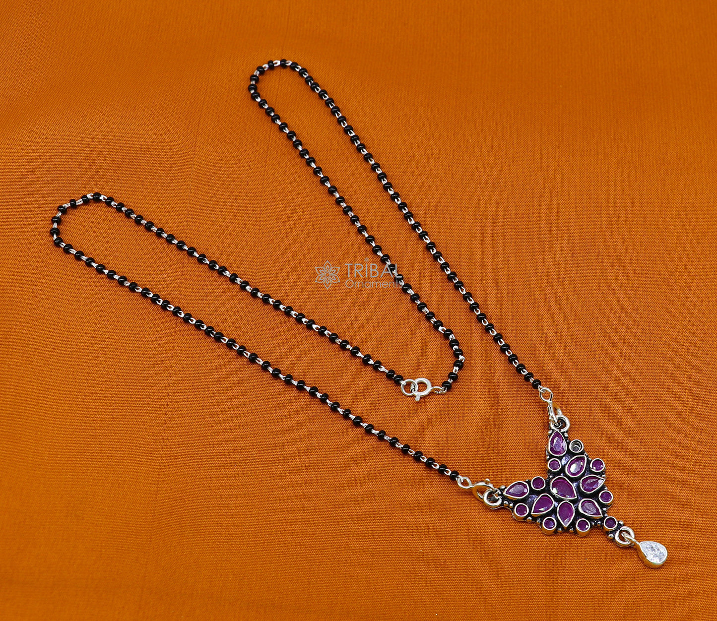 925 sterling silver handmade delicate black beaded chain and fabulous cut stone pendant, amazing brides mangalsutra necklace from india ms46 - TRIBAL ORNAMENTS