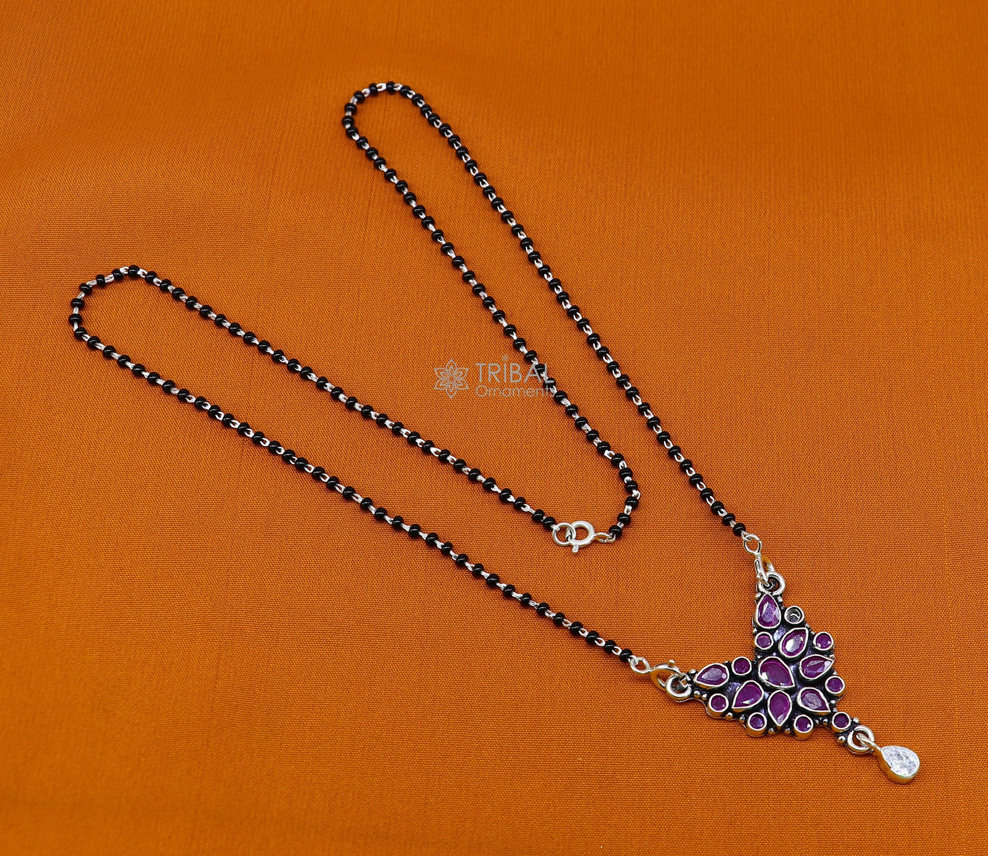 925 sterling silver handmade delicate black beaded chain and fabulous cut stone pendant, amazing brides mangalsutra necklace from india ms46 - TRIBAL ORNAMENTS