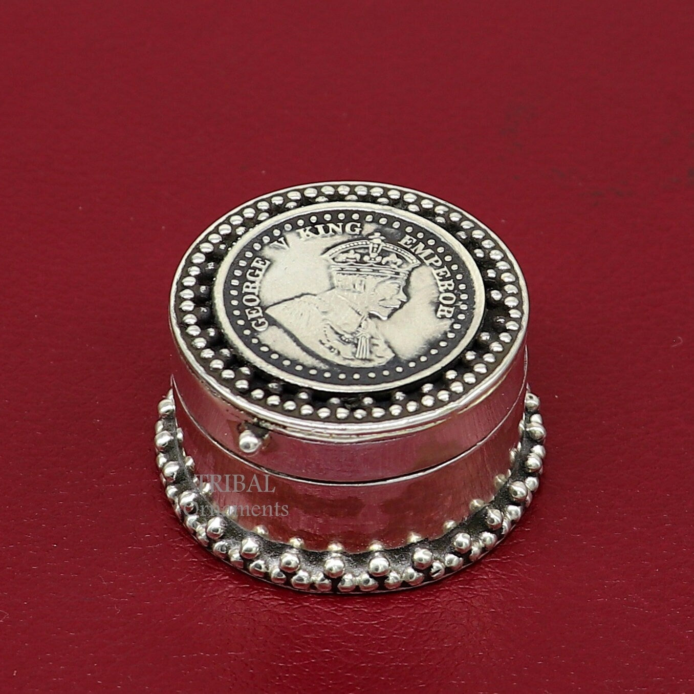 925 sterling silver Stunning George V king Emperor coin design trinket box, kajal eyeliner box, Sindur box brides gift silver box stb746 - TRIBAL ORNAMENTS