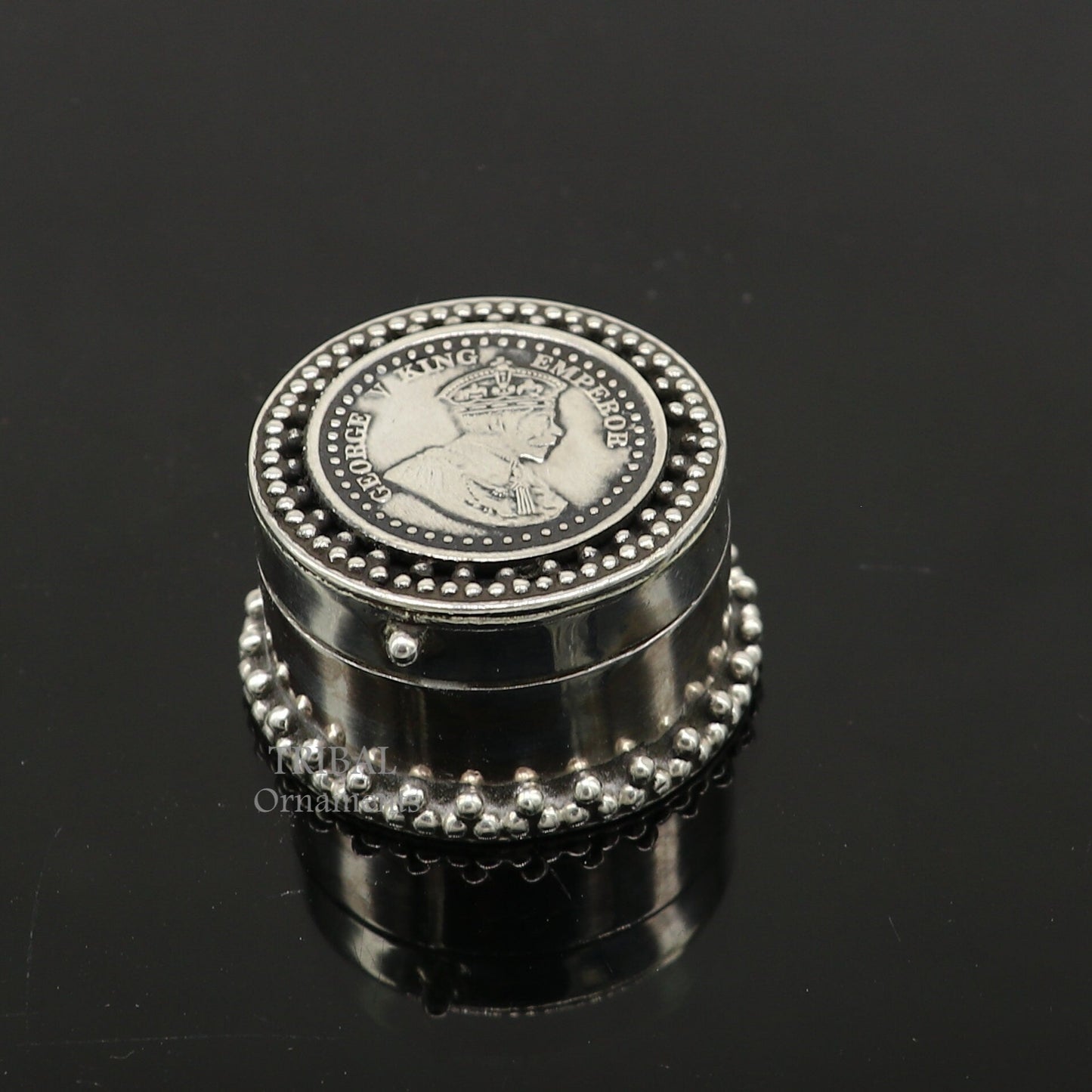 925 sterling silver Stunning George V king Emperor coin design trinket box, kajal eyeliner box, Sindur box brides gift silver box stb746 - TRIBAL ORNAMENTS