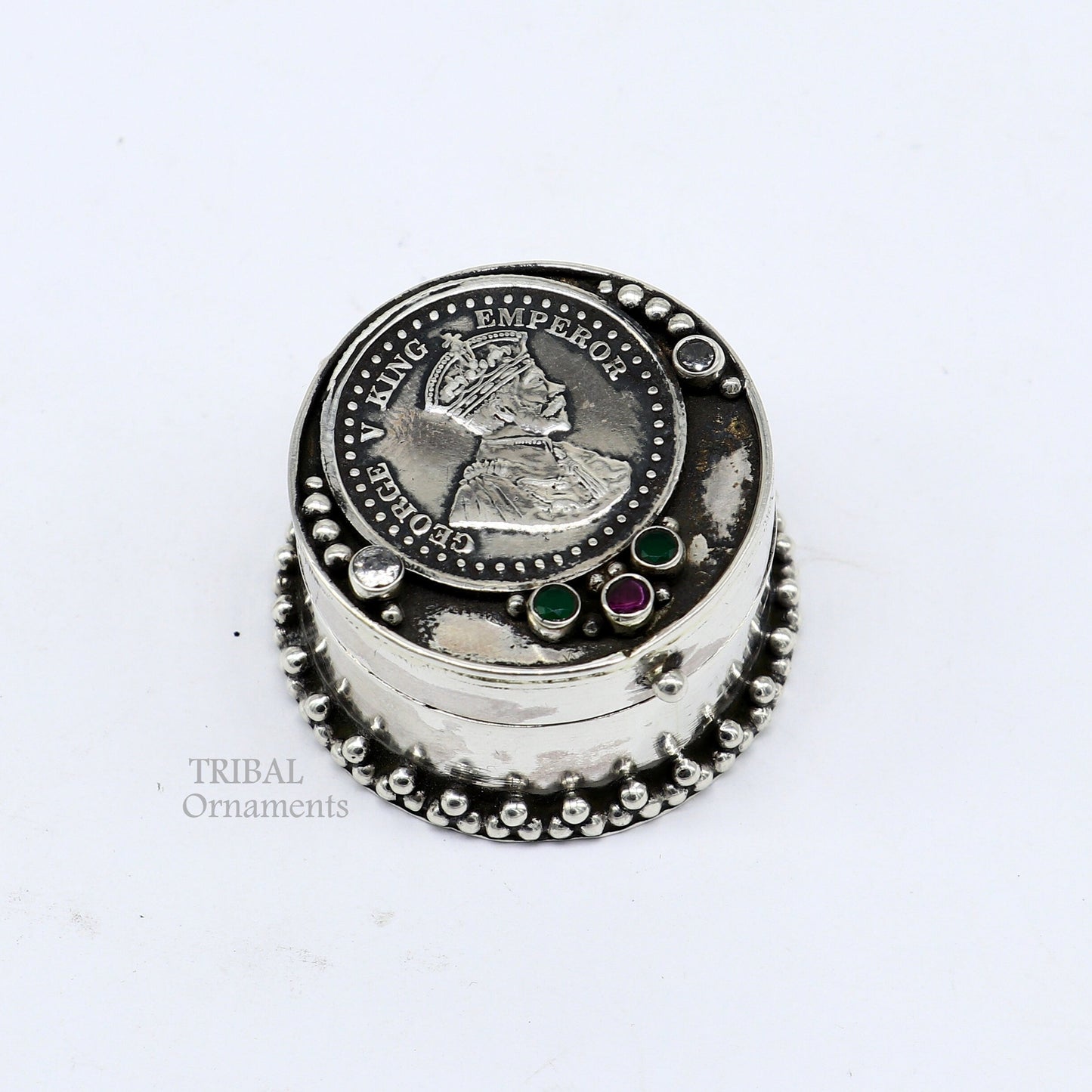 925 sterling silver unique design George v king emperor coin trinket box, kajal eyeliner box, Sindur box brides gift silver box stb751 - TRIBAL ORNAMENTS
