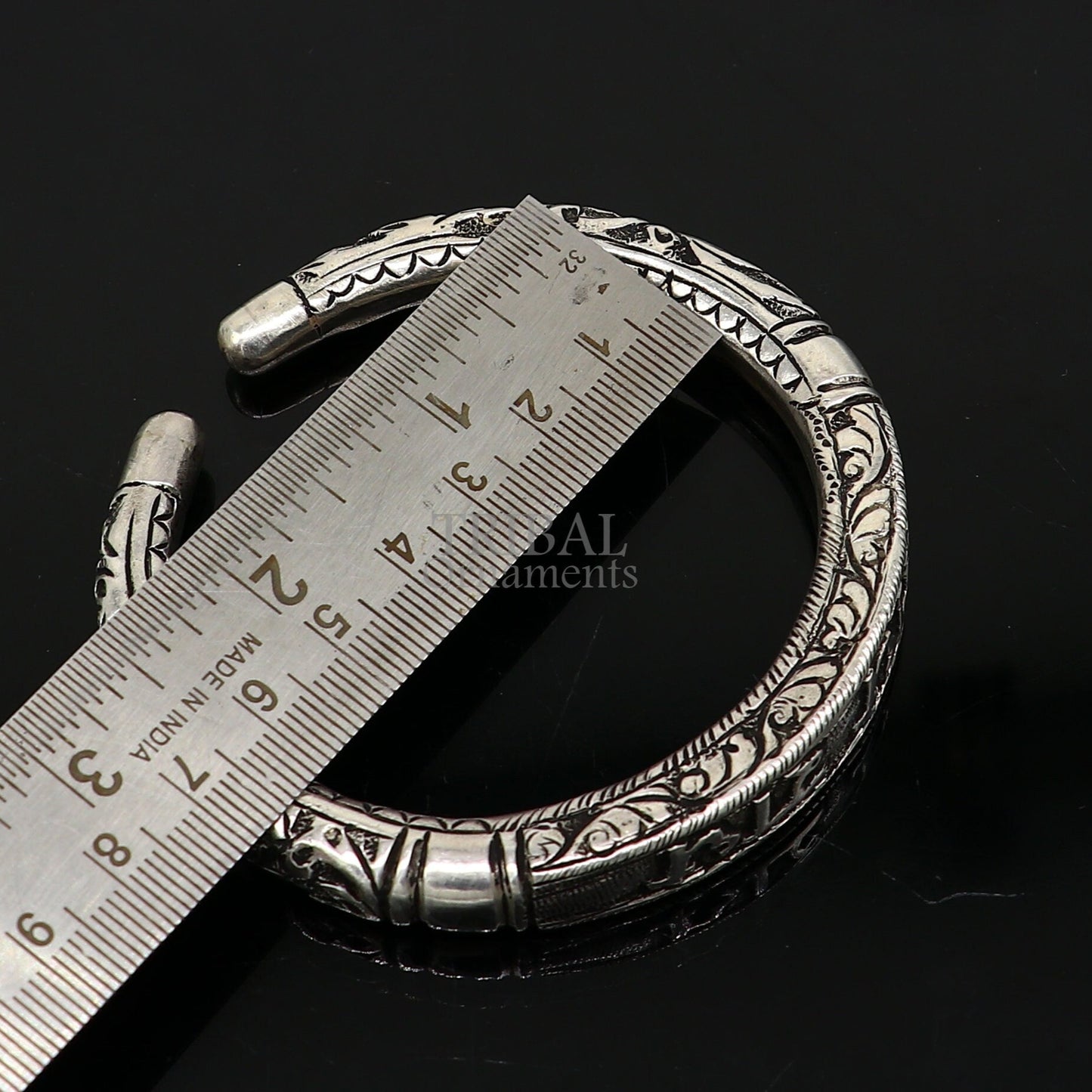 925 Sterling silver handmade Nakshi work design "Radhe Radhe" Goddess Radha mantra bracelet kada divine unisex tribal ethnic jewelry nsk655 - TRIBAL ORNAMENTS
