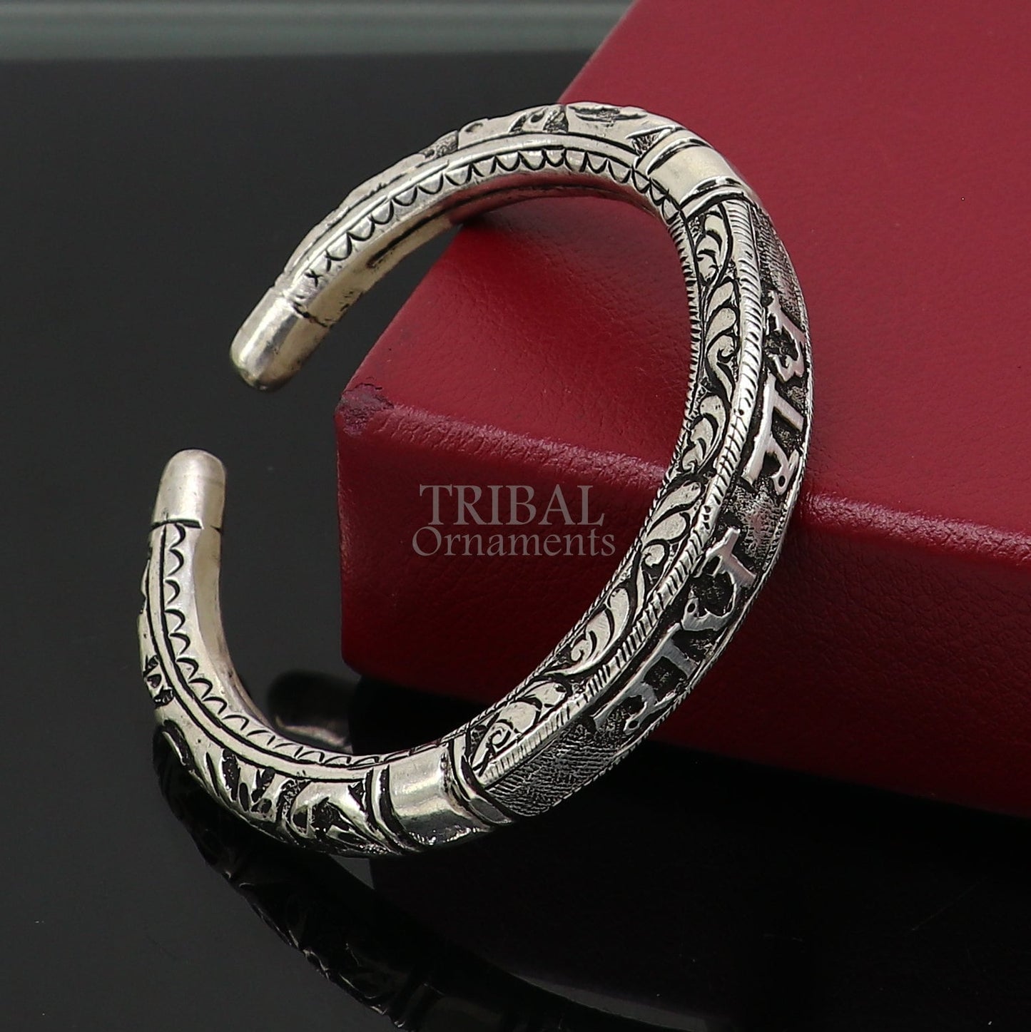 925 Sterling silver handmade Nakshi work design "Radhe Radhe" Goddess Radha mantra bracelet kada divine unisex tribal ethnic jewelry nsk655 - TRIBAL ORNAMENTS
