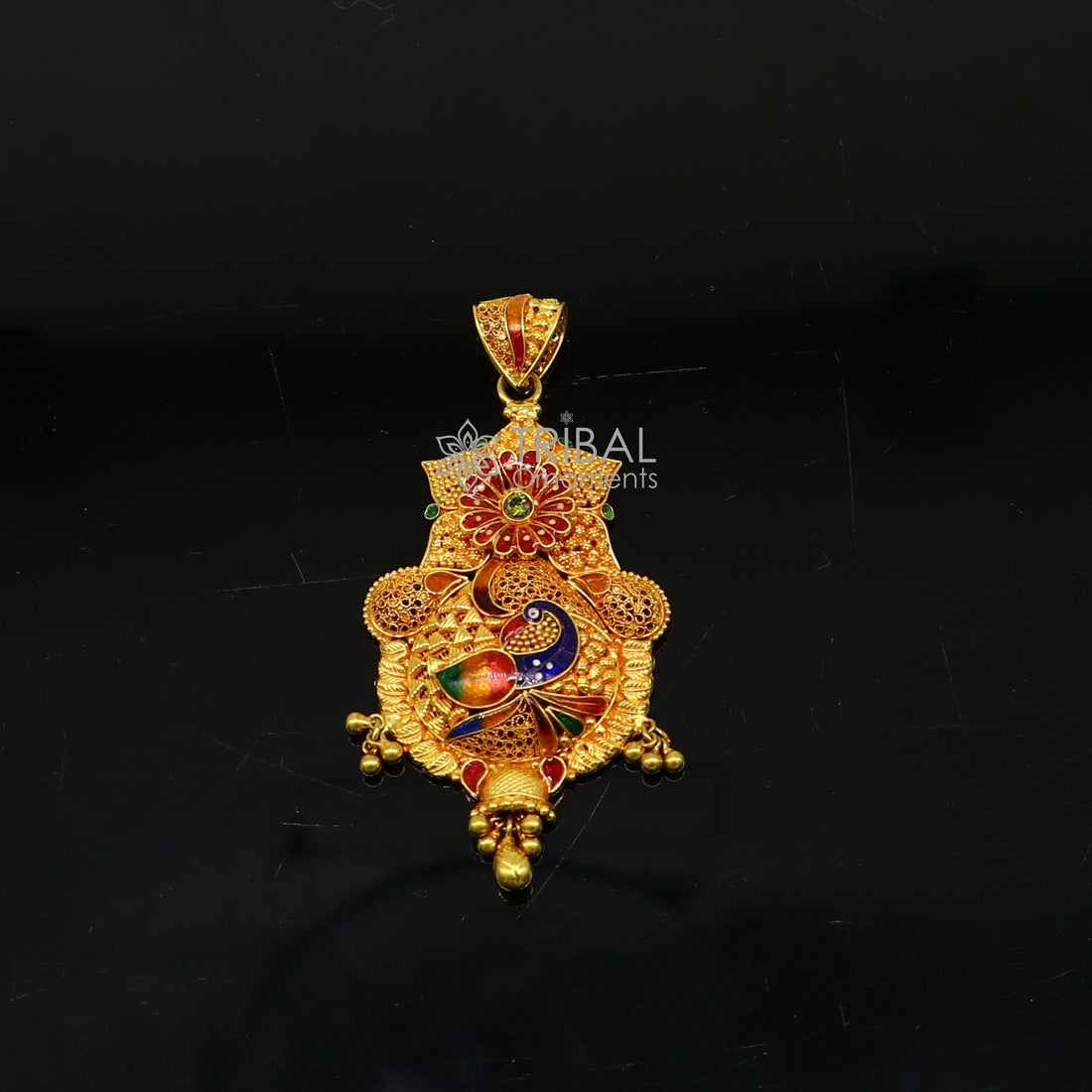 Peacock design Traditional cultural filigree work trendy 22kt yellow gold functional pendant, amazing ethnic brides pendant jewelry gp26 - TRIBAL ORNAMENTS