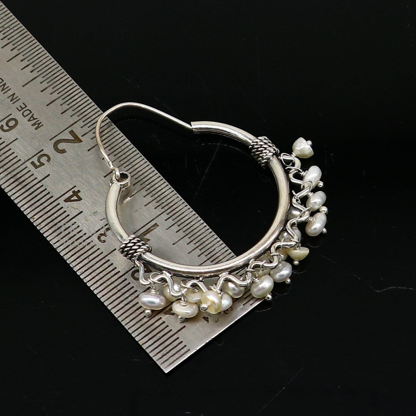 925 sterling silver handmade hoop earring, fabulous Bali, hanging pearls, hook, hoop gifting gorgeous tribal customized jewelry s1146 - TRIBAL ORNAMENTS
