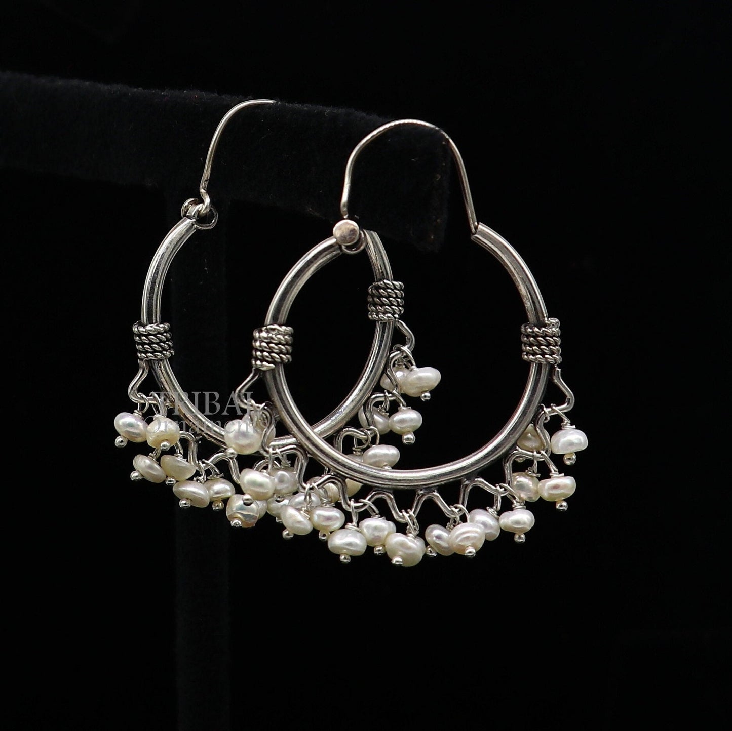 925 sterling silver handmade hoop earring, fabulous Bali, hanging pearls, hook, hoop gifting gorgeous tribal customized jewelry s1146 - TRIBAL ORNAMENTS