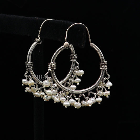 925 sterling silver handmade hoop earring, fabulous Bali, hanging pearls, hook, hoop gifting gorgeous tribal customized jewelry s1146 - TRIBAL ORNAMENTS