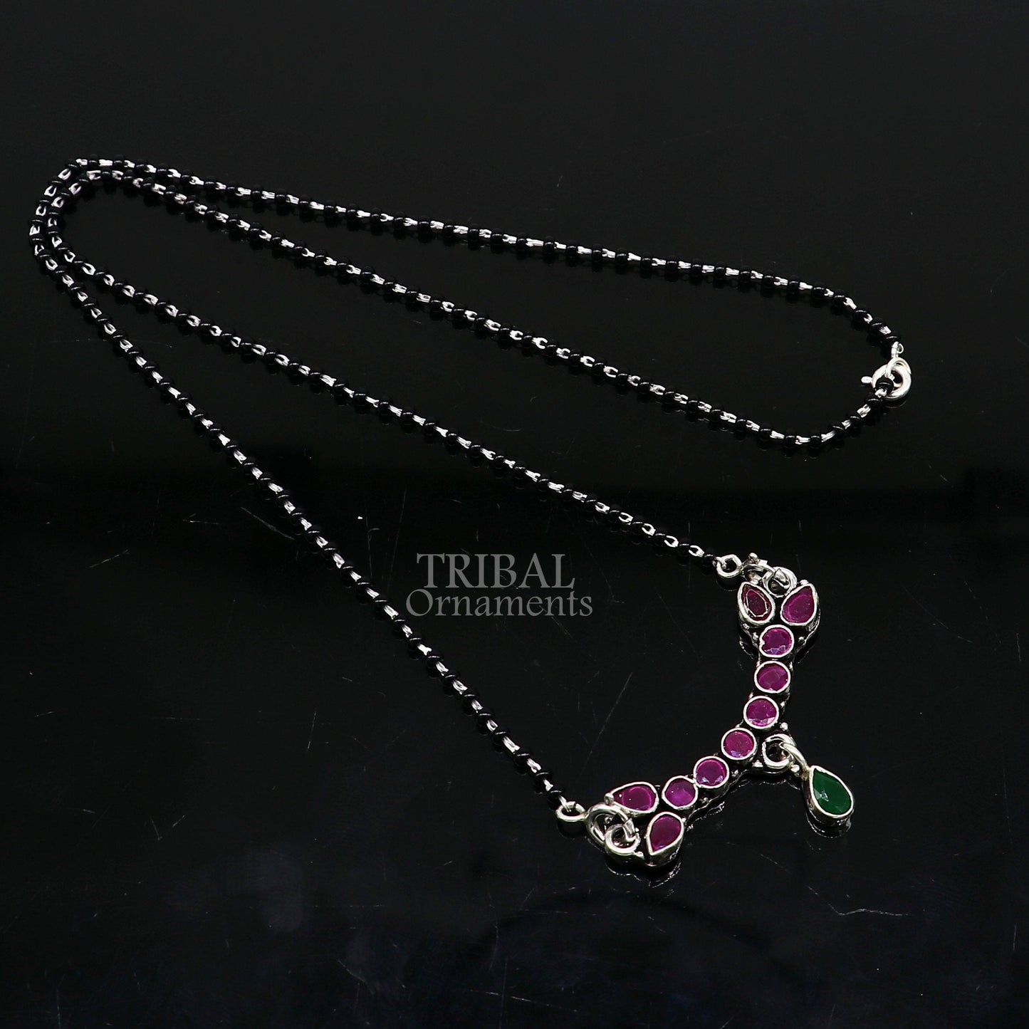 Trendy Red cut stone mangalsutra pendant 925 sterling silver black beads chain necklace, traditional style brides Mangalsutra necklace ms16 - TRIBAL ORNAMENTS
