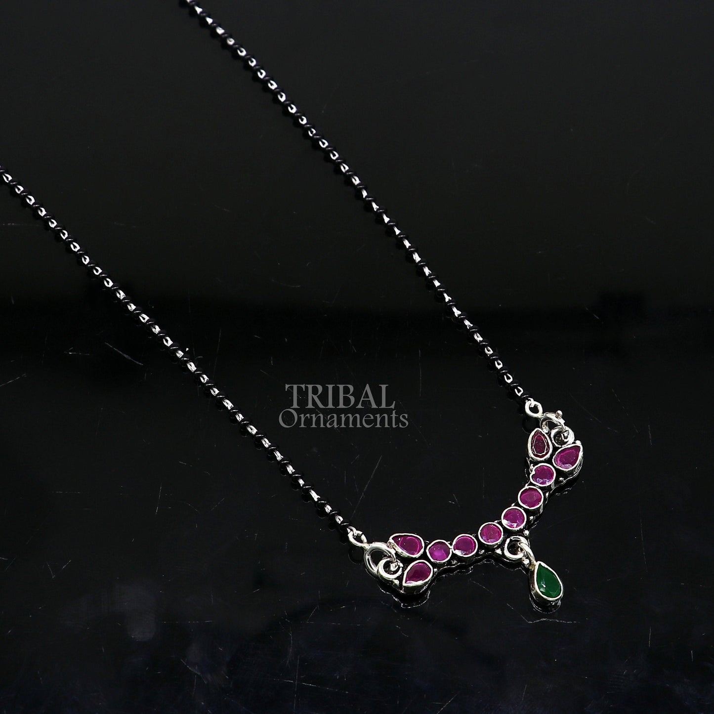 Trendy Red cut stone mangalsutra pendant 925 sterling silver black beads chain necklace, traditional style brides Mangalsutra necklace ms16 - TRIBAL ORNAMENTS