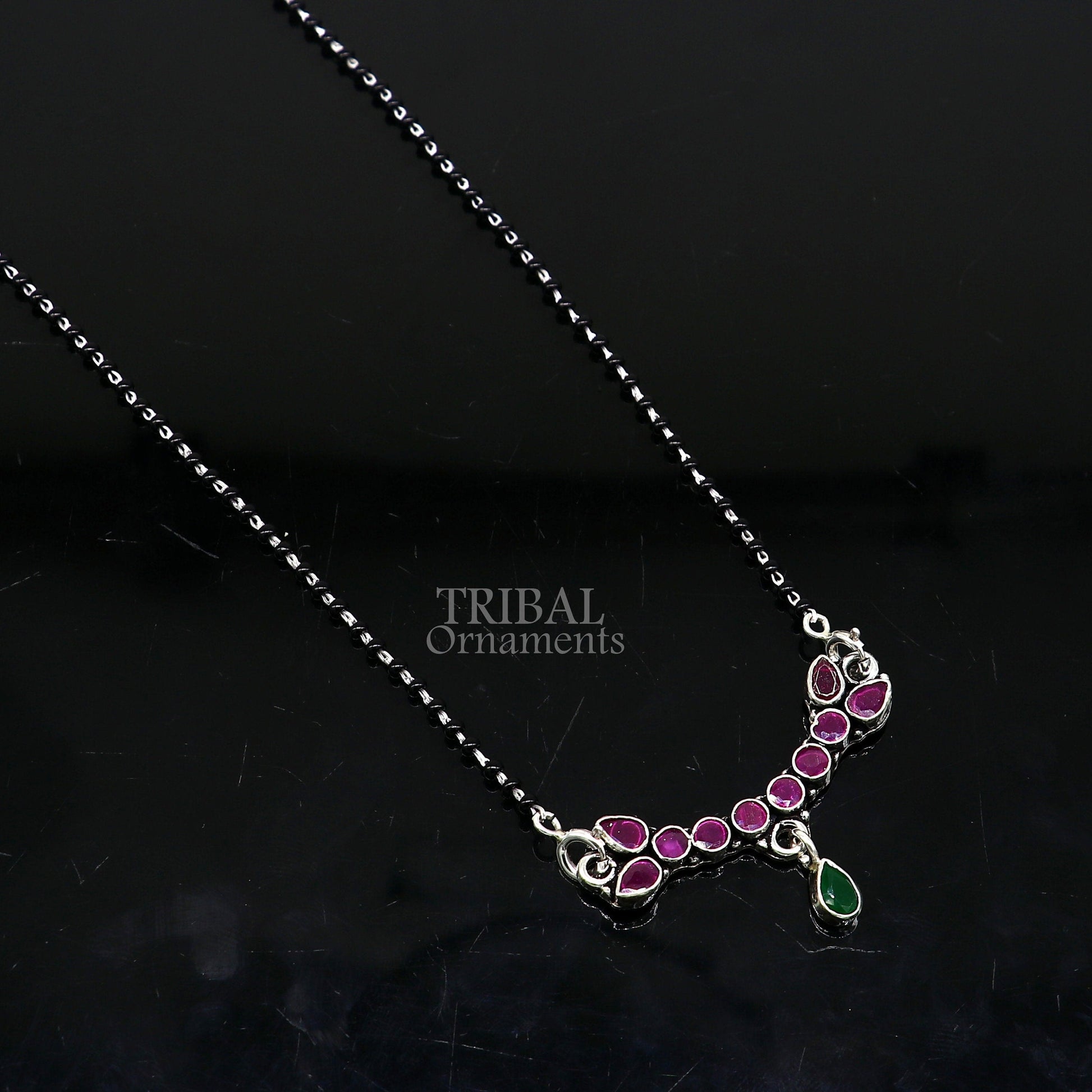 Trendy Red cut stone mangalsutra pendant 925 sterling silver black beads chain necklace, traditional style brides Mangalsutra necklace ms16 - TRIBAL ORNAMENTS