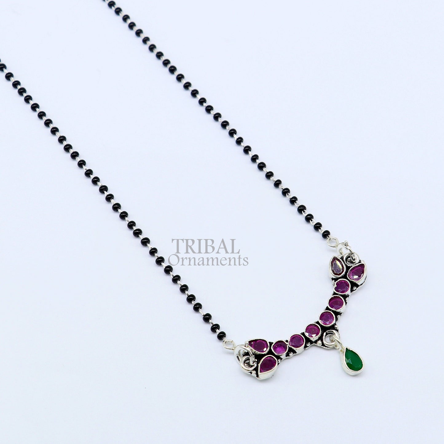 Trendy Red cut stone mangalsutra pendant 925 sterling silver black beads chain necklace, traditional style brides Mangalsutra necklace ms16 - TRIBAL ORNAMENTS