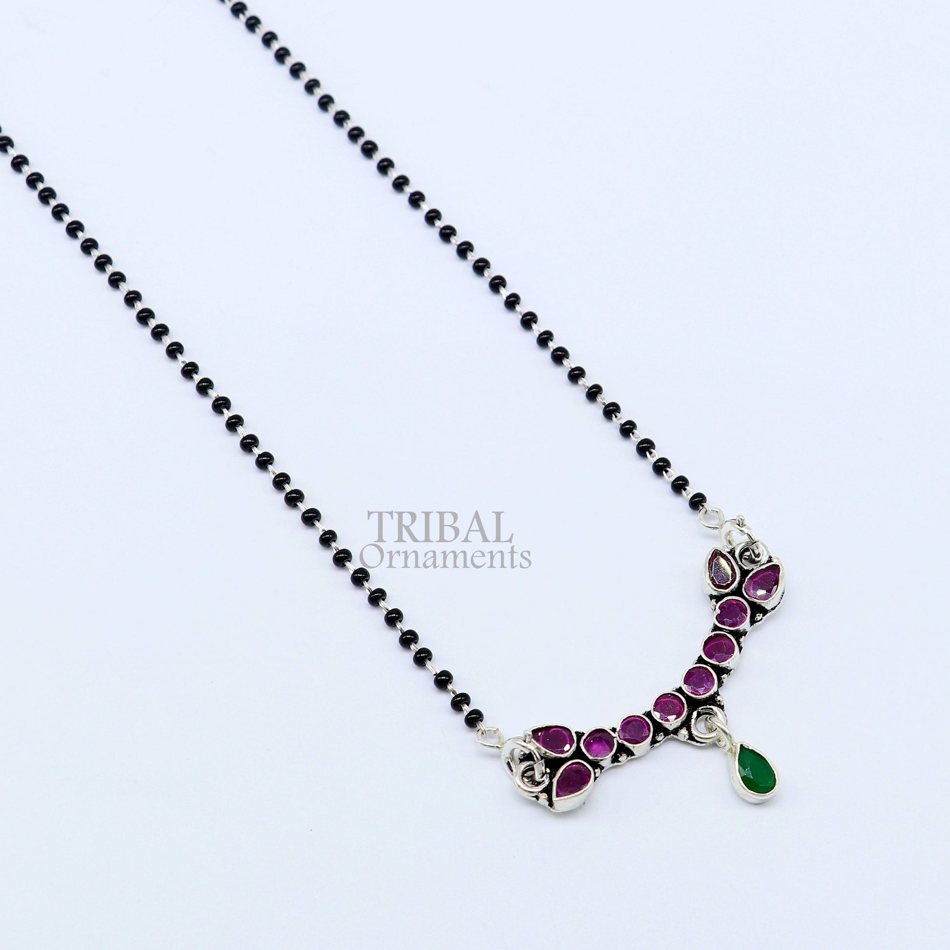 Trendy Red cut stone mangalsutra pendant 925 sterling silver black beads chain necklace, traditional style brides Mangalsutra necklace ms16 - TRIBAL ORNAMENTS