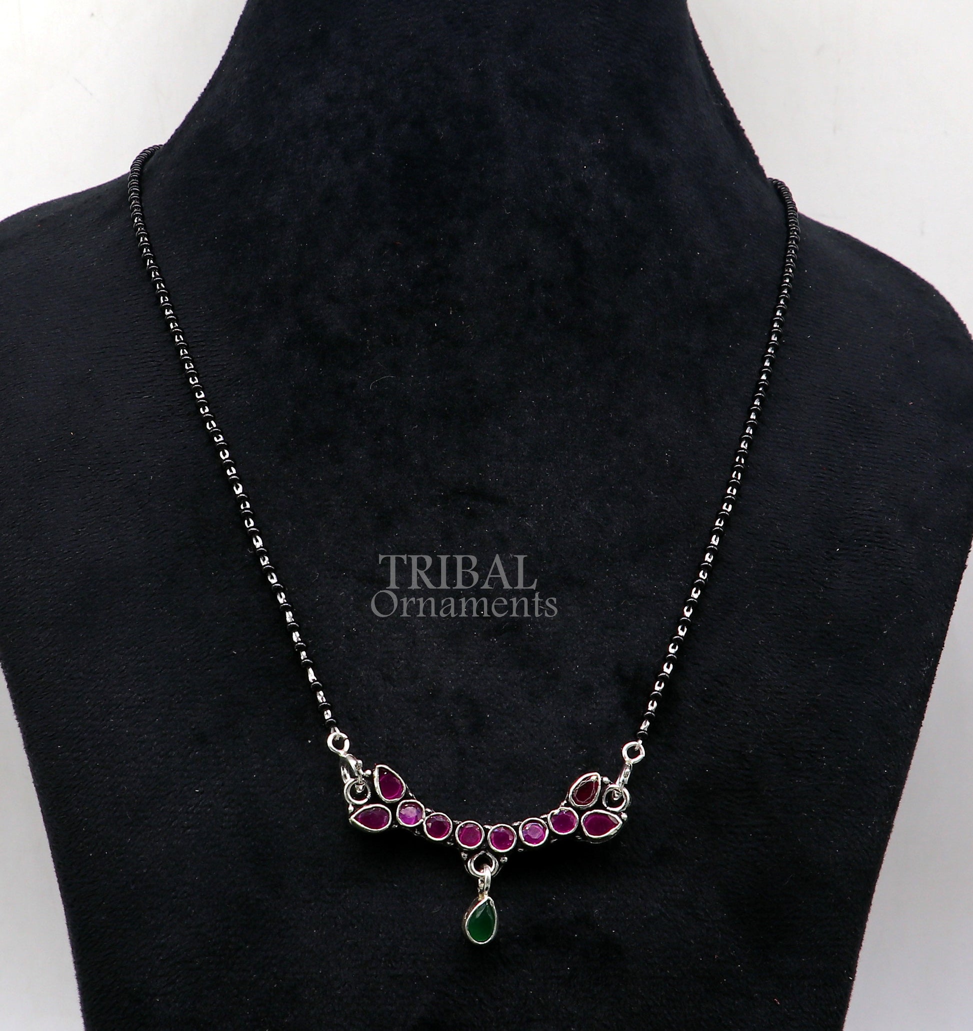 Trendy Red cut stone mangalsutra pendant 925 sterling silver black beads chain necklace, traditional style brides Mangalsutra necklace ms16 - TRIBAL ORNAMENTS