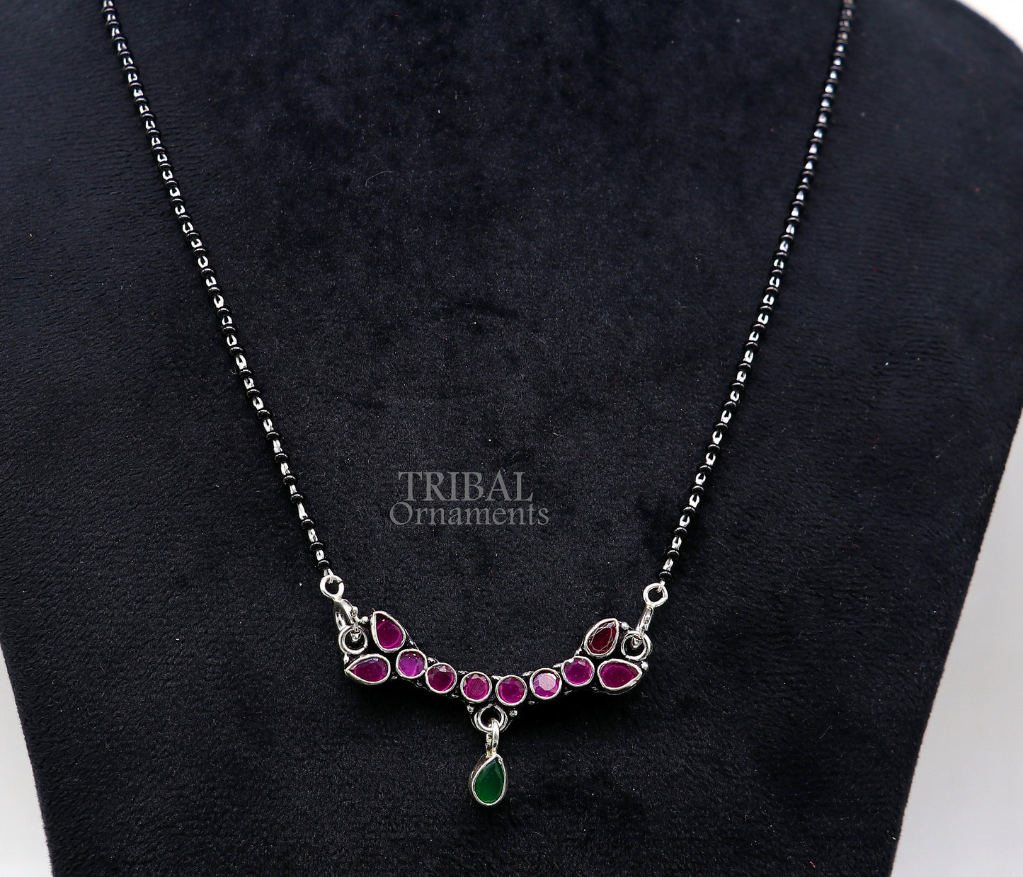 Trendy Red cut stone mangalsutra pendant 925 sterling silver black beads chain necklace, traditional style brides Mangalsutra necklace ms16 - TRIBAL ORNAMENTS