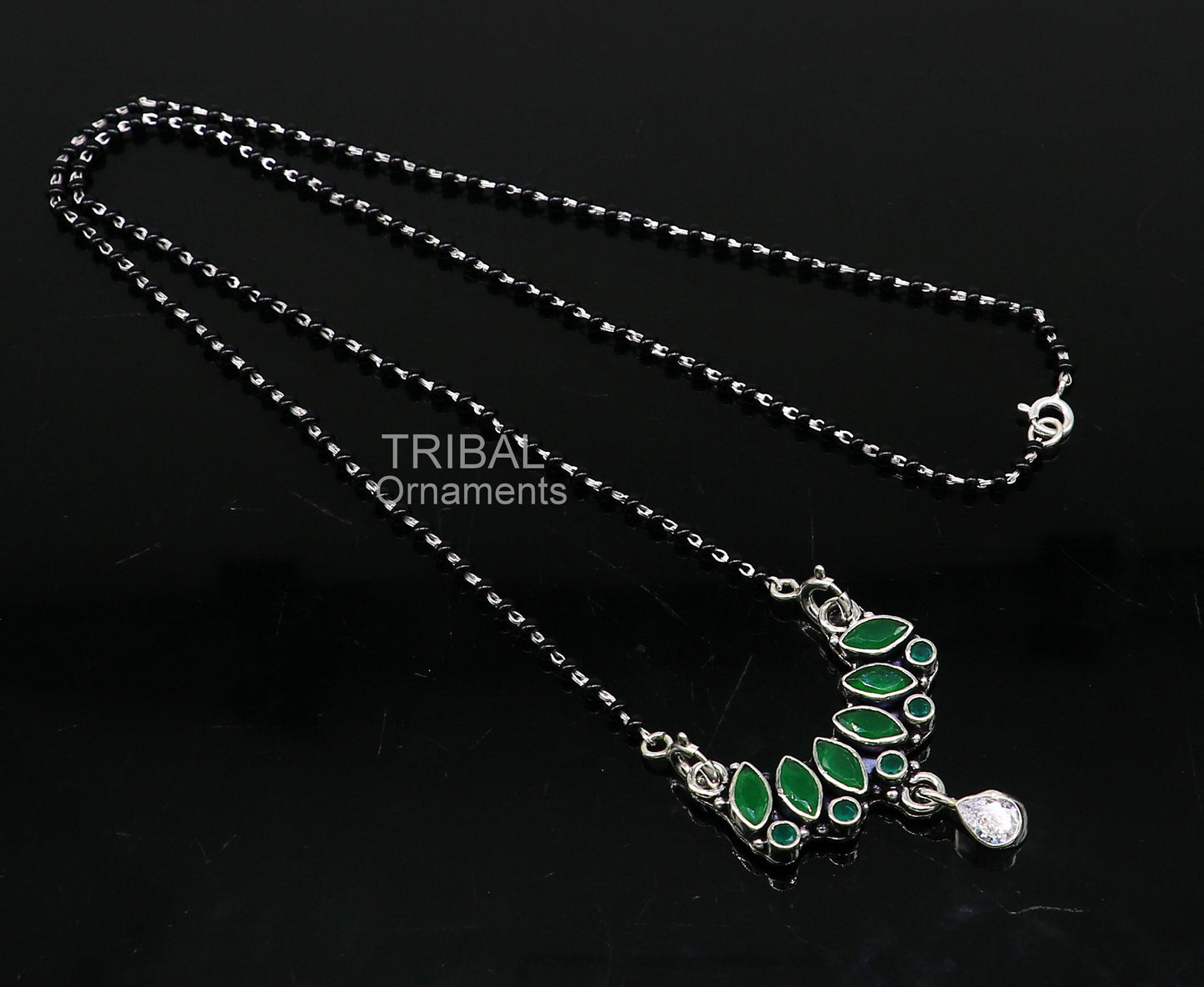 925 sterling silver black beads mangal sutra chain necklace for daily use brides Mangalsutra chunky necklace green cut stone pendant ms26 - TRIBAL ORNAMENTS