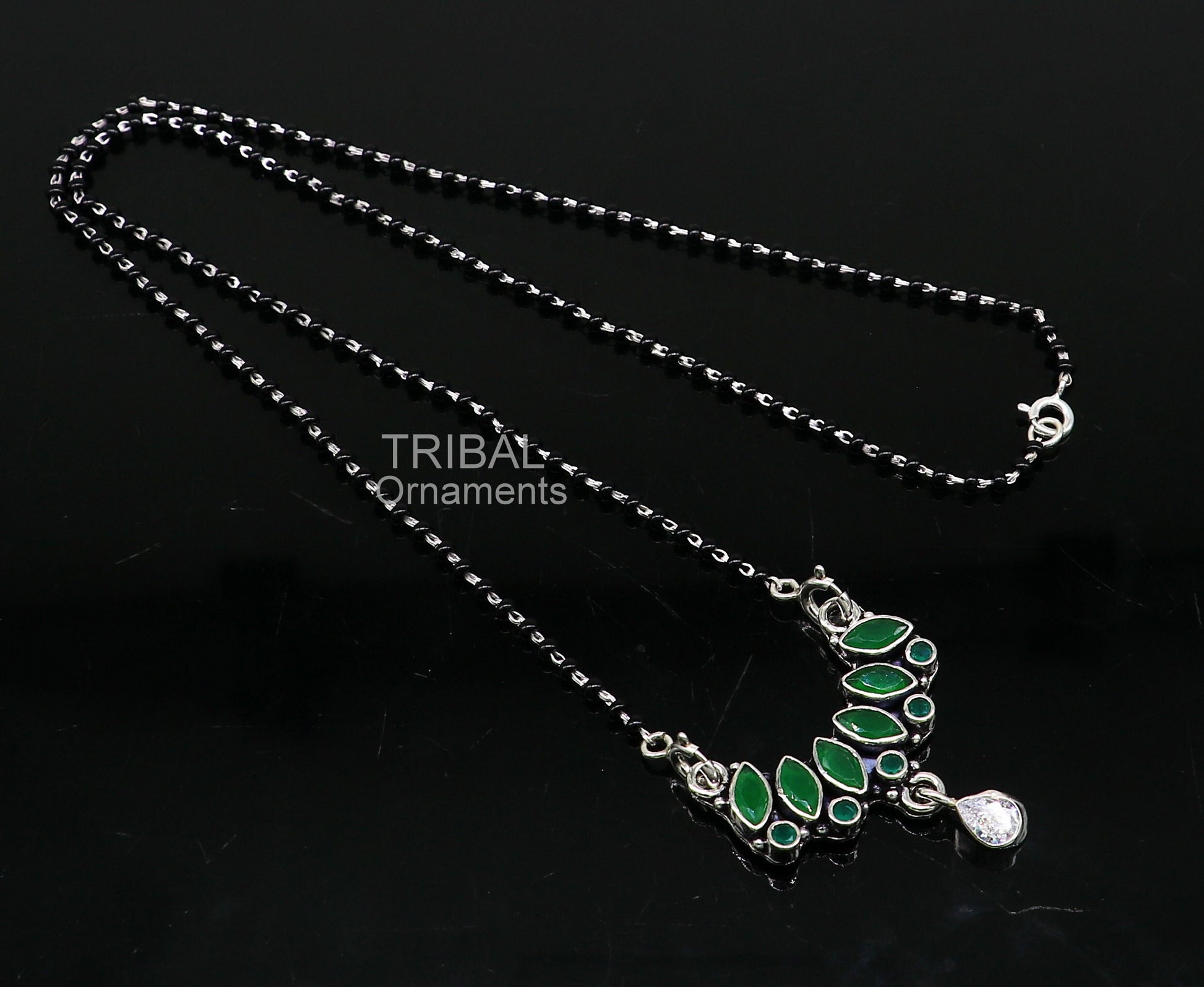925 sterling silver black beads mangal sutra chain necklace for daily use brides Mangalsutra chunky necklace green cut stone pendant ms26 - TRIBAL ORNAMENTS