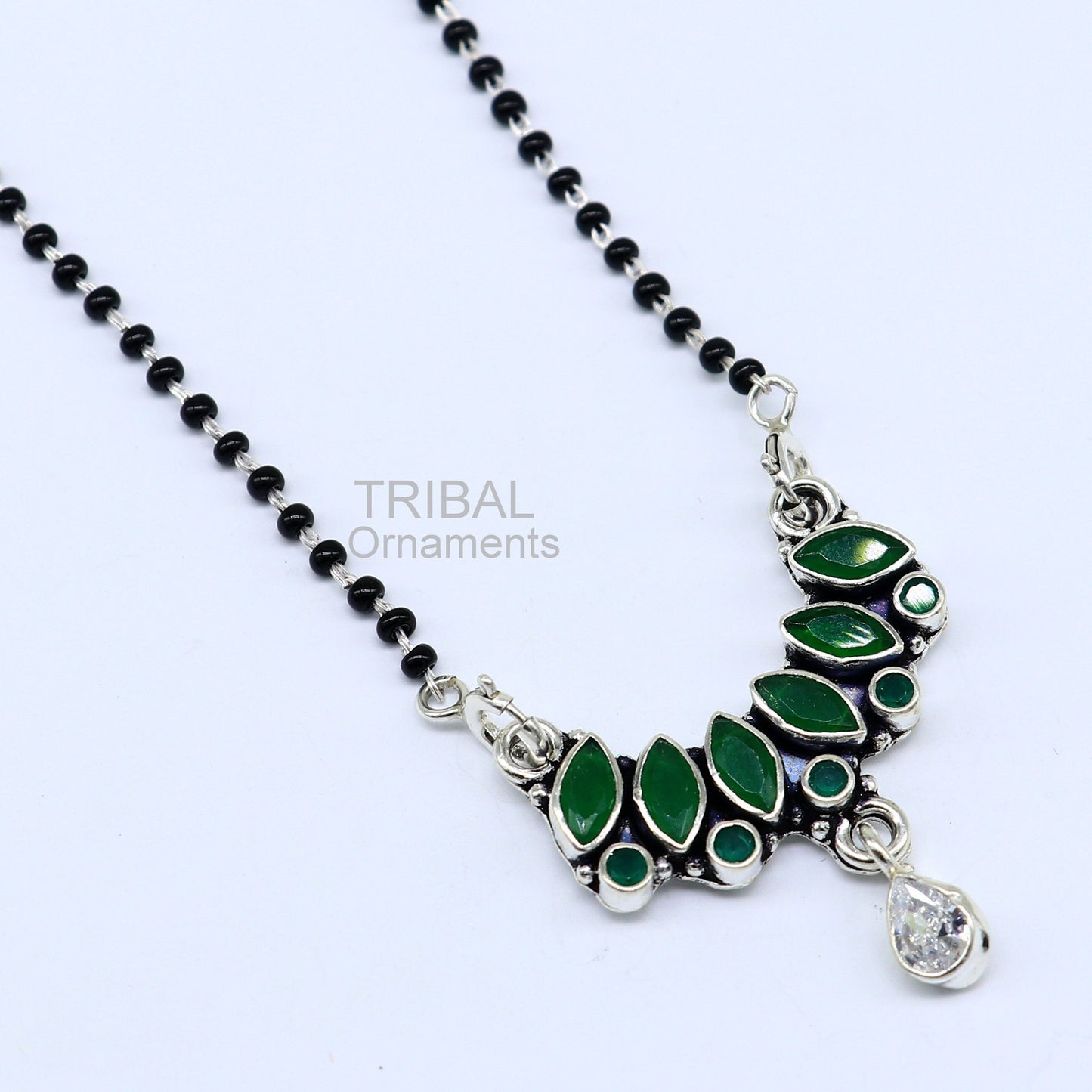 925 sterling silver black beads mangal sutra chain necklace for daily use brides Mangalsutra chunky necklace green cut stone pendant ms26 - TRIBAL ORNAMENTS