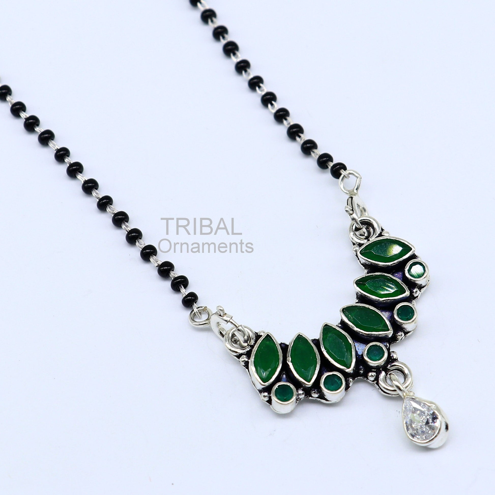 925 sterling silver black beads mangal sutra chain necklace for daily use brides Mangalsutra chunky necklace green cut stone pendant ms26 - TRIBAL ORNAMENTS