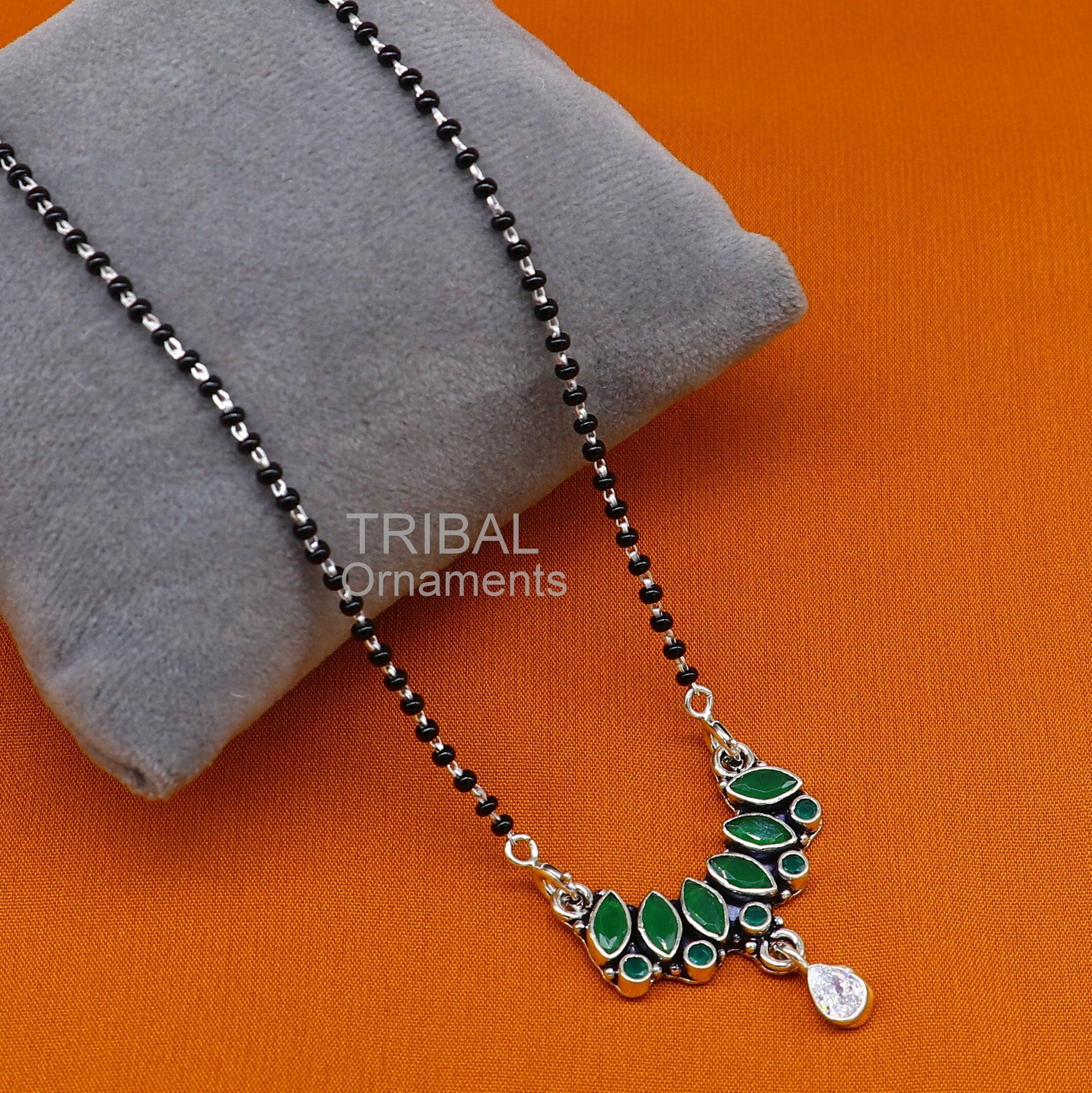 925 sterling silver black beads mangal sutra chain necklace for daily use brides Mangalsutra chunky necklace green cut stone pendant ms26 - TRIBAL ORNAMENTS