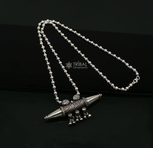 925 Sterling silver handmade vintage design pendant amulet necklace with hangings bells excellent tribal ethnic jewelry Rajasthan set580 - TRIBAL ORNAMENTS