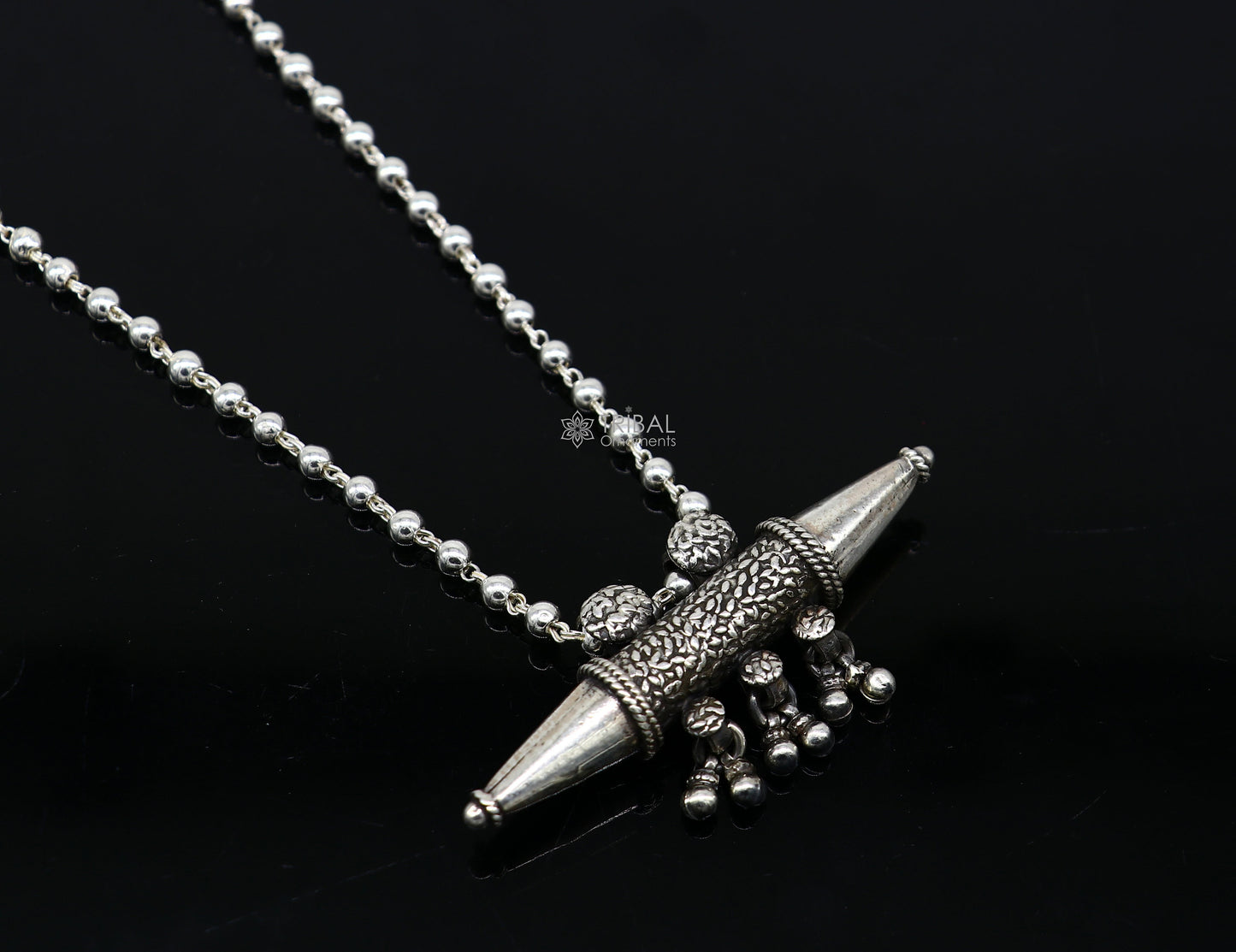 925 Sterling silver handmade vintage design pendant amulet necklace with hangings bells excellent tribal ethnic jewelry Rajasthan set580 - TRIBAL ORNAMENTS