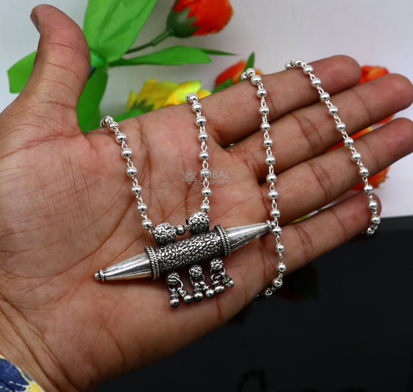 925 Sterling silver handmade vintage design pendant amulet necklace with hangings bells excellent tribal ethnic jewelry Rajasthan set580 - TRIBAL ORNAMENTS