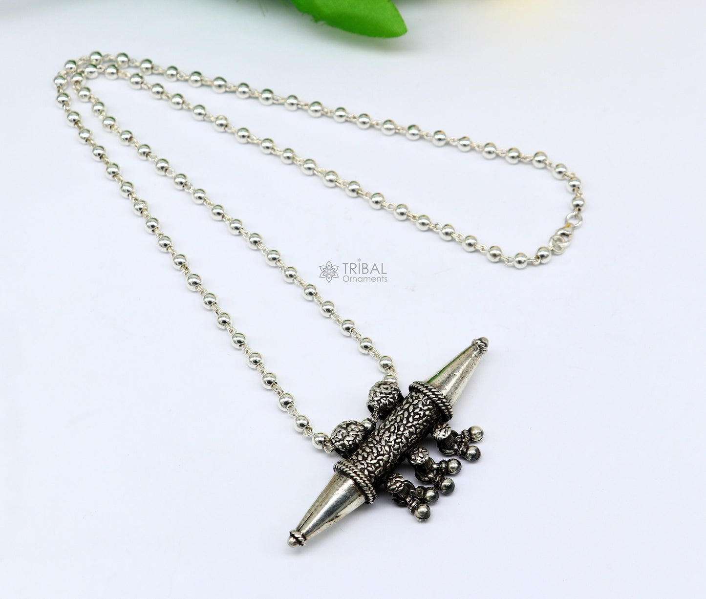 925 Sterling silver handmade vintage design pendant amulet necklace with hangings bells excellent tribal ethnic jewelry Rajasthan set580 - TRIBAL ORNAMENTS