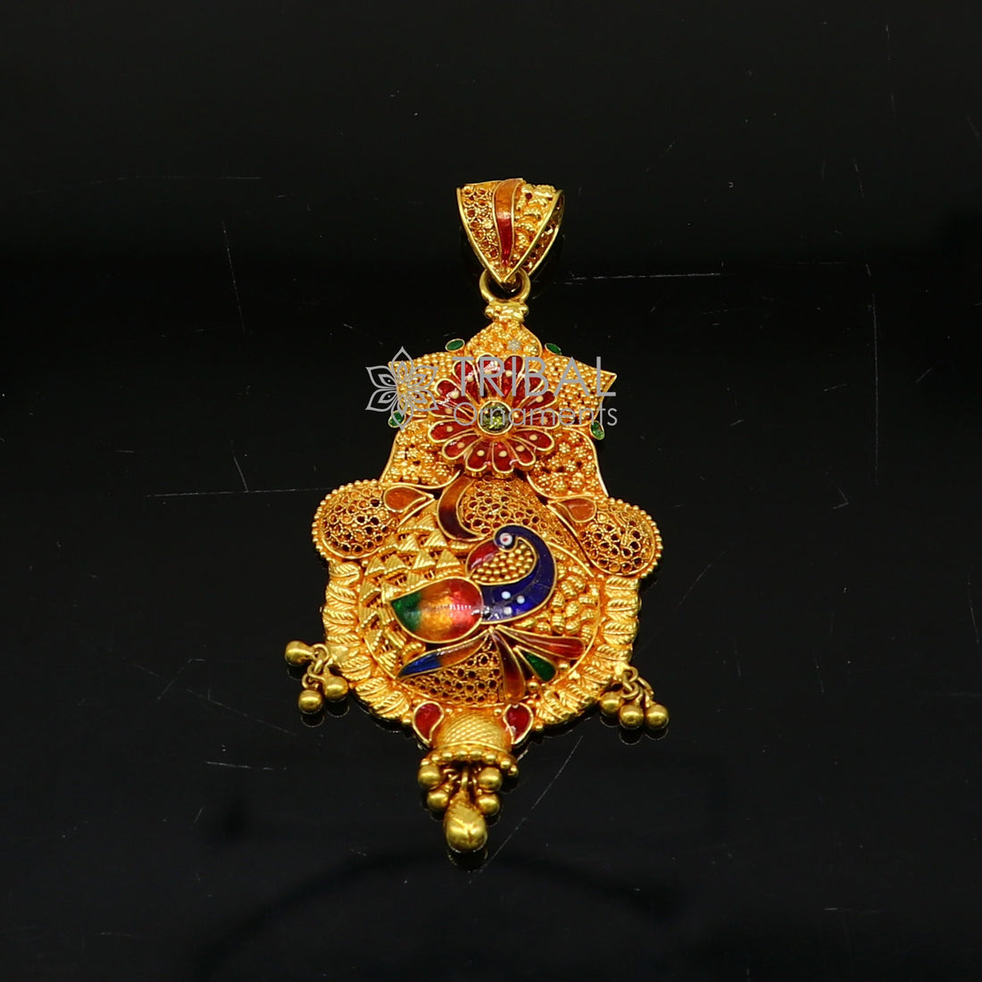 Peacock design Traditional cultural filigree work trendy 22kt yellow gold functional pendant, amazing ethnic brides pendant jewelry gp26 - TRIBAL ORNAMENTS