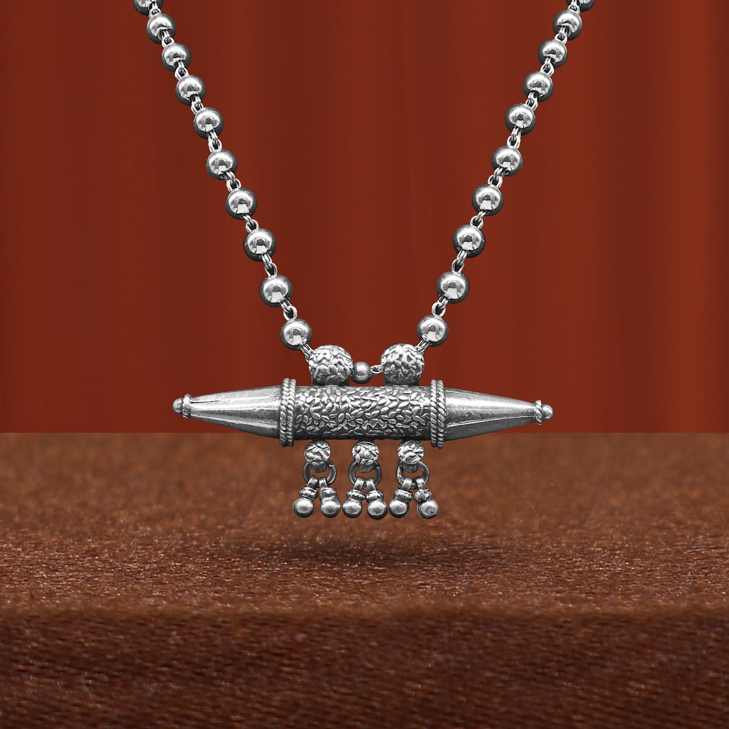925 Sterling silver handmade vintage design pendant amulet necklace with hangings bells excellent tribal ethnic jewelry Rajasthan set580 - TRIBAL ORNAMENTS