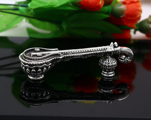 4.5" Maa Saraswati Veena, 925 sterling silver musical instrument Veena for Goddess Sharda, best gifting puja article for Hindu temple art622 - TRIBAL ORNAMENTS
