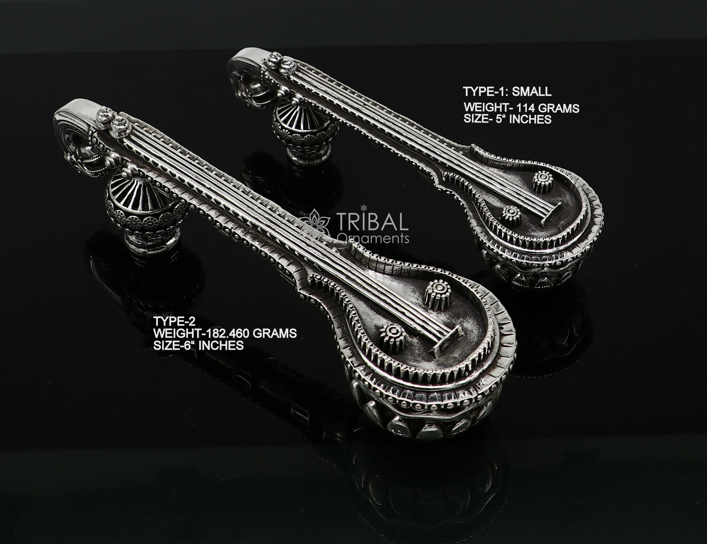 5"OR 6" Maa Saraswati Veena, 925 sterling silver musical instrument Veena for Goddess Sharda, best gifting puja article, Worshipping art623 - TRIBAL ORNAMENTS