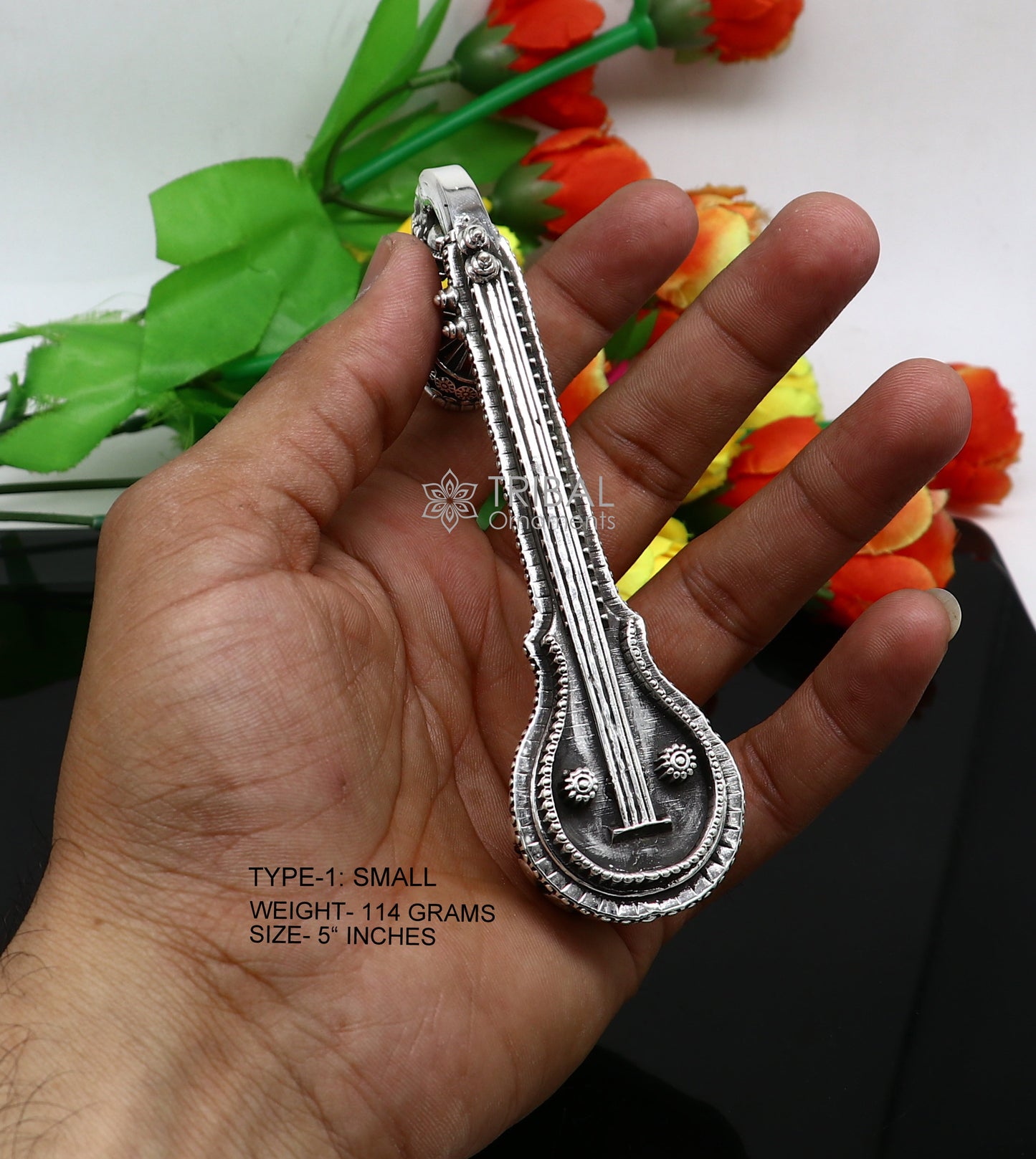 5"OR 6" Maa Saraswati Veena, 925 sterling silver musical instrument Veena for Goddess Sharda, best gifting puja article, Worshipping art623 - TRIBAL ORNAMENTS
