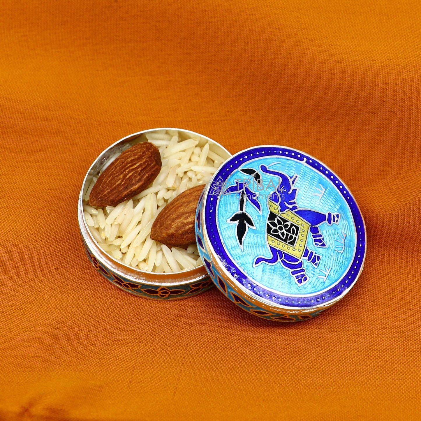 Trendy enamel work 925 sterling silver round trinket box, casket box, container, Sindoor box vintage design enamel brides jewelry stb772 - TRIBAL ORNAMENTS