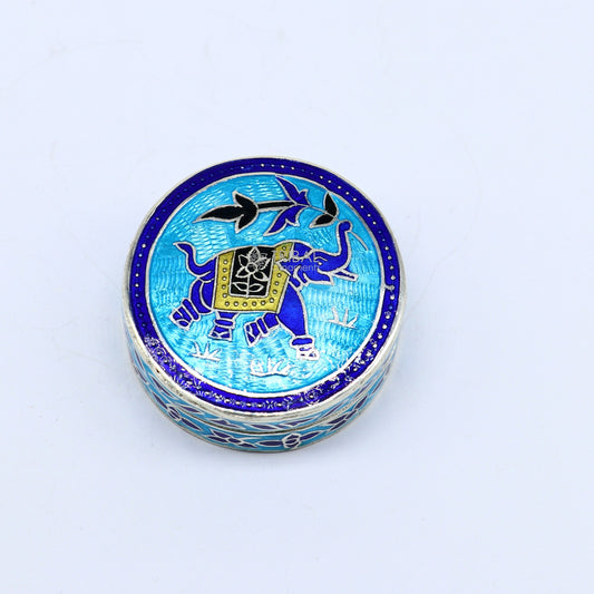 Trendy enamel work 925 sterling silver round trinket box, casket box, container, Sindoor box vintage design enamel brides jewelry stb772 - TRIBAL ORNAMENTS